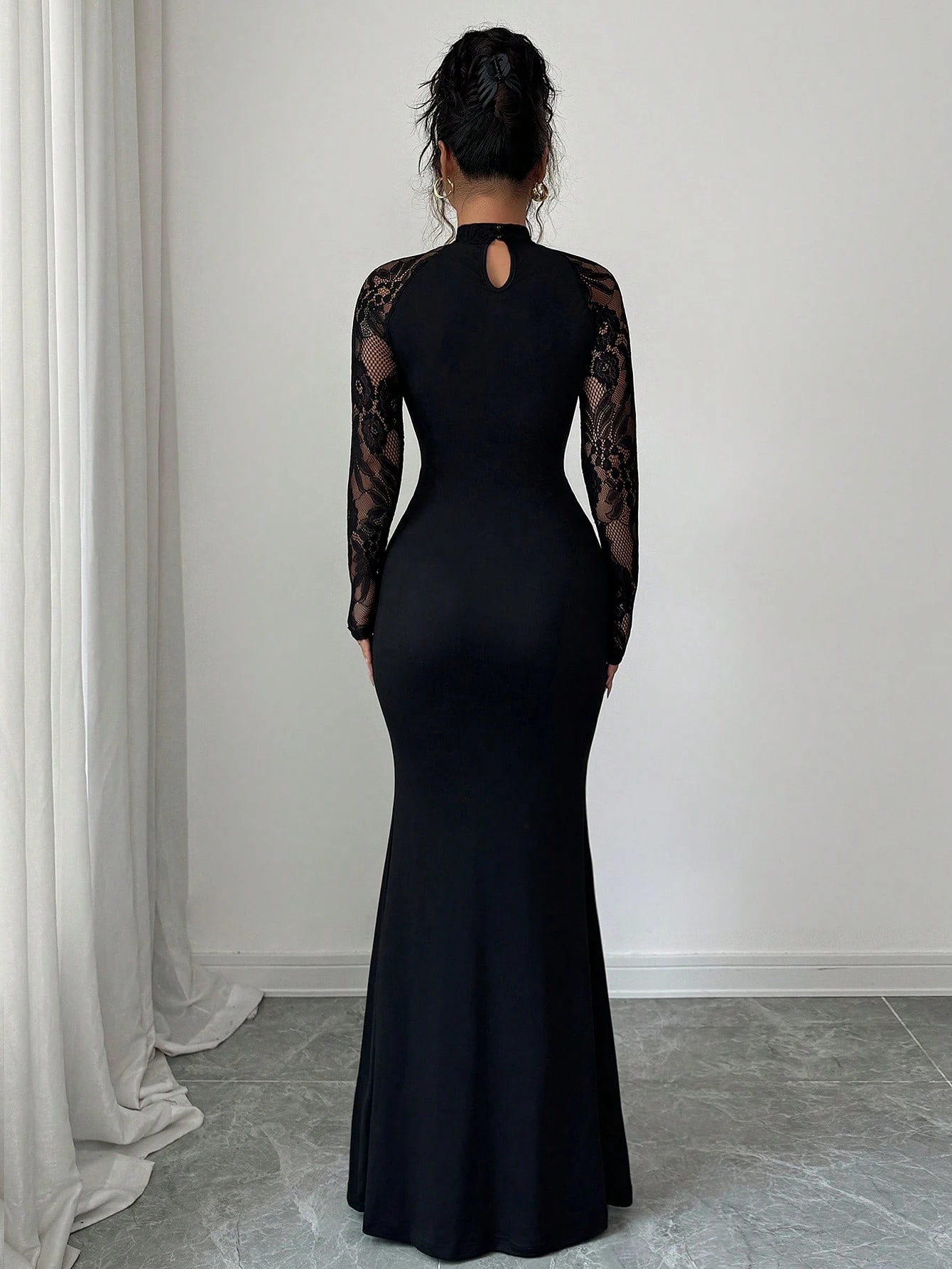 Woman's Black Mock Neck Sheer Lace Long Sleeve Ruched Mermaid Dress