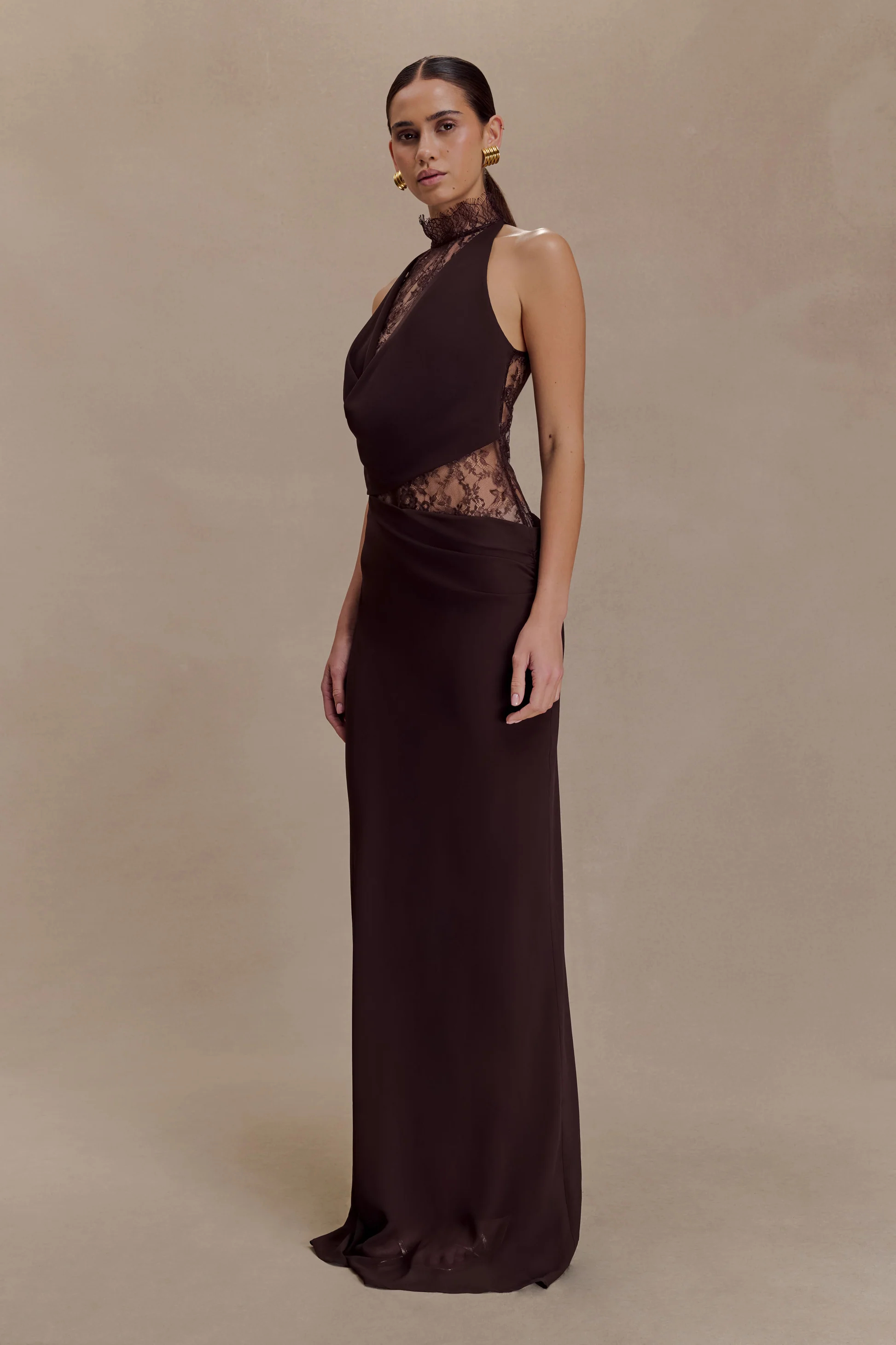 2026 Spring Summer Halter Lace Paneled Formal Dress ：Draped Neck Cutout Backless Fitted Maxi Dress
