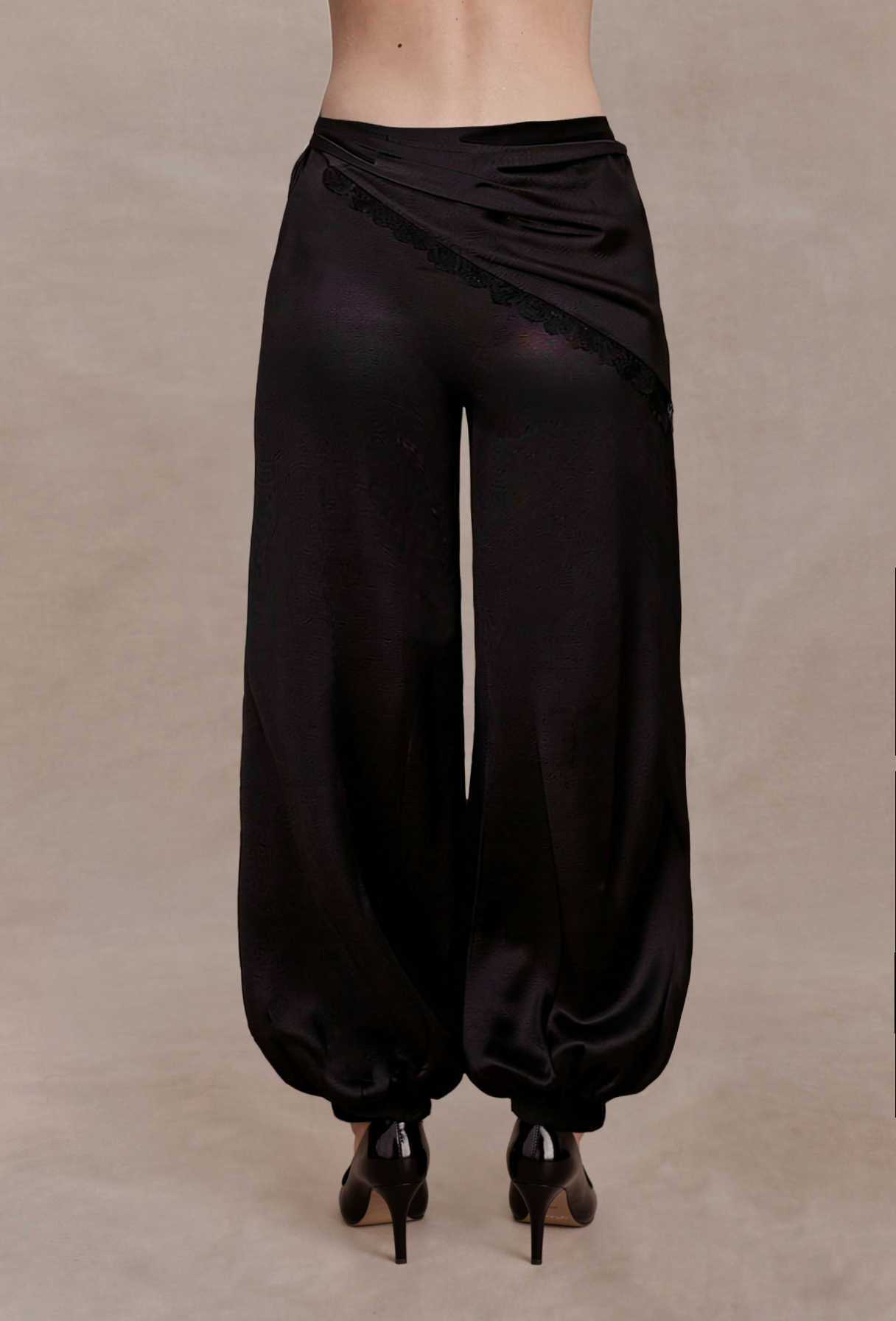 Wrap Waist Lace Trim Satin High Waisted Balloon Pants