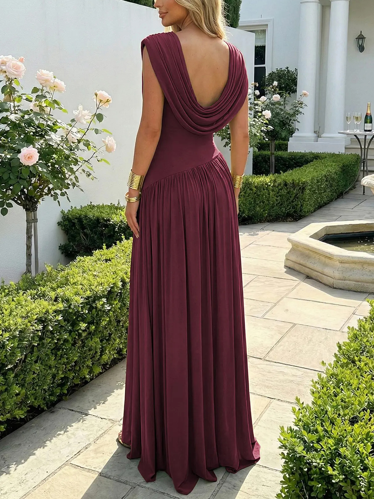 Women's Sleeveless Convertible Cowl Neck Ruched Waist Slim Fit Maxi Dress