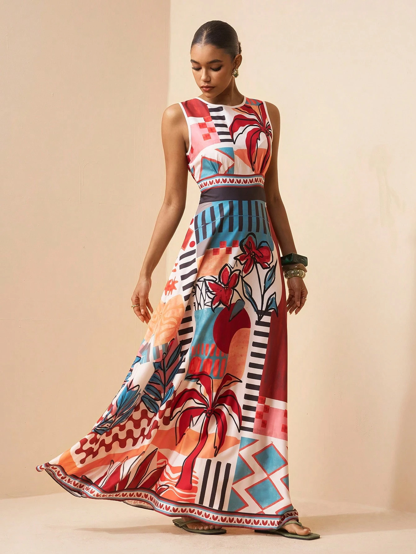 2026 Spring New Sleeveless Art Print Maxi Dress