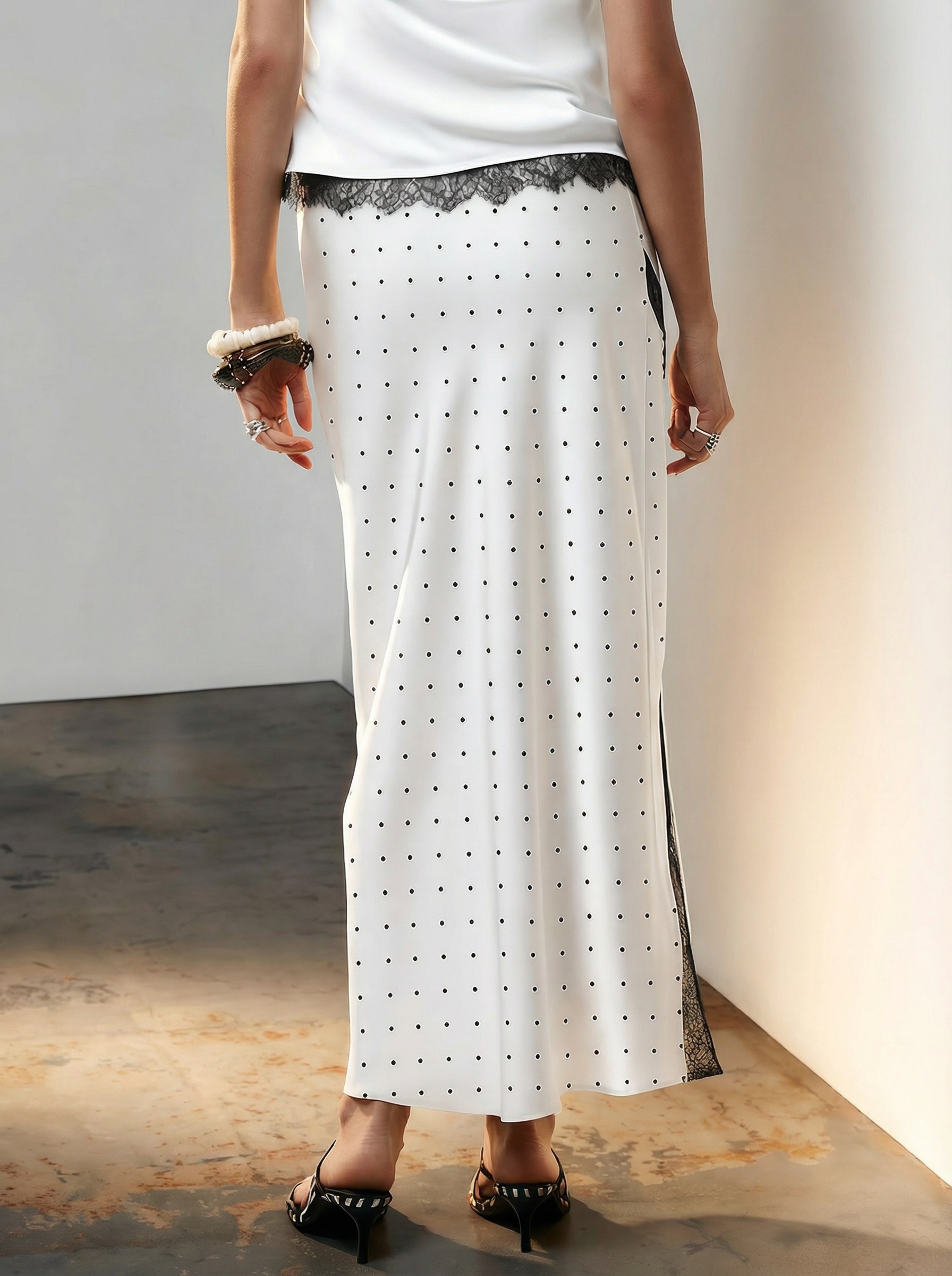 2026 Spring/Summer New Arrival: Elegant Commuter-Style Midi Skirt with Lace Trim and Color-Blocking Satin Lace-Aetheryn