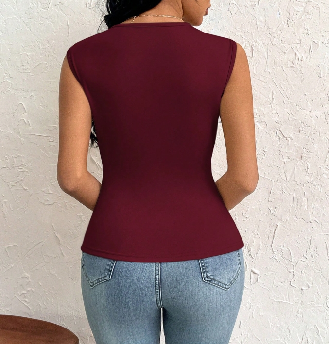 Women's Burgundy Asymmetric Cutout Sleeveless Top