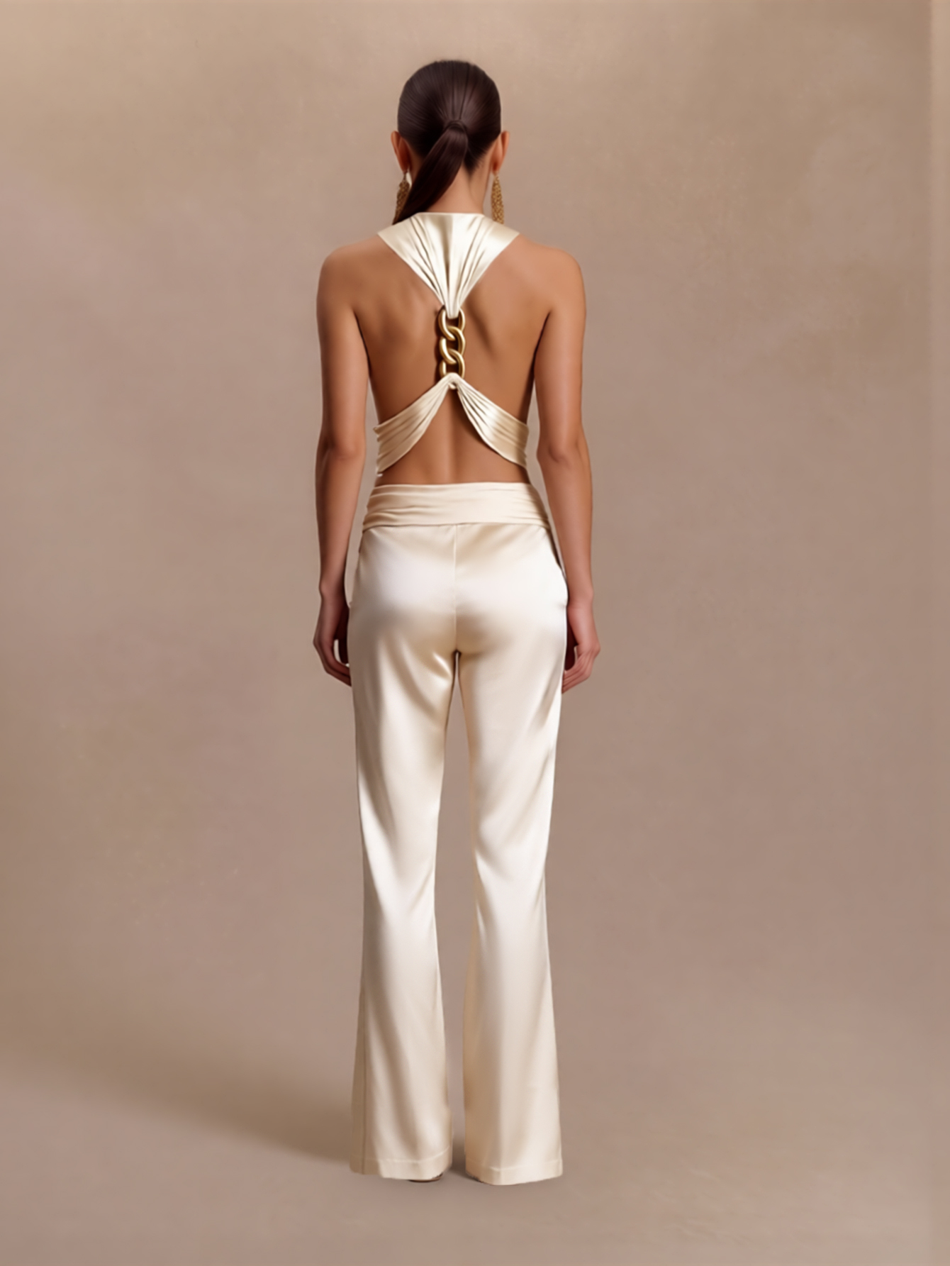 2026 Spring Summer Light Luxury Dinner Style Satin Halter Backless Jumpsuit : Metal Chain Decor Waist Tie Wide-Leg One-Piece