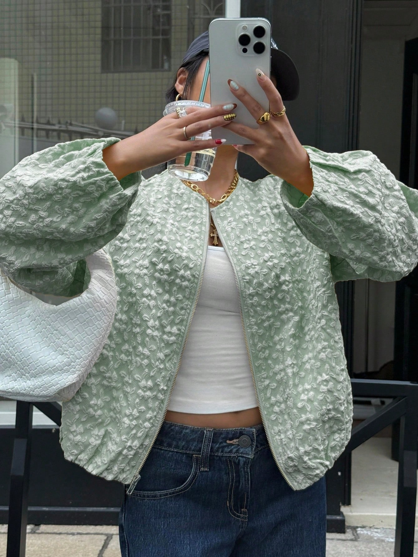 Woman's Light Green Floral Textured Zip-Up Cropped Jacket