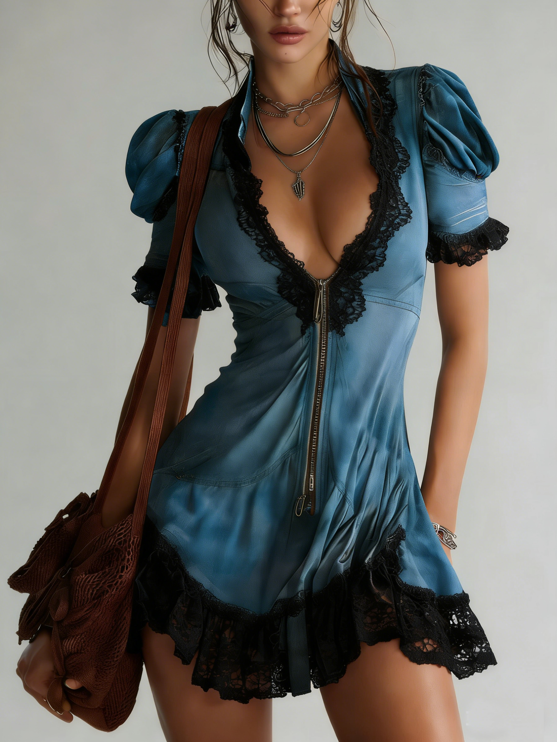 Collared Deep V Lace Trim Puff Sleeve Washed Party Mini Dress