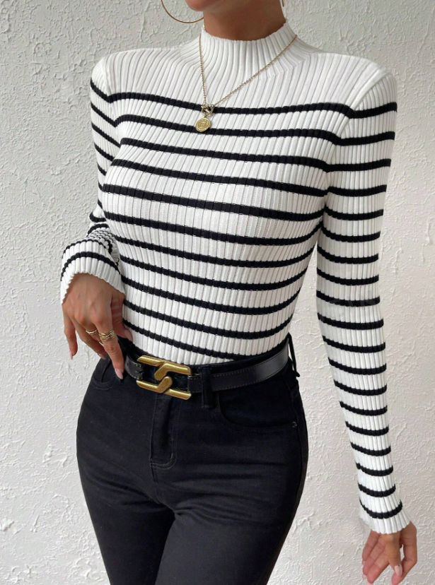 Women's Black and White Striped Mock Neck Ribbed Knit Sweater