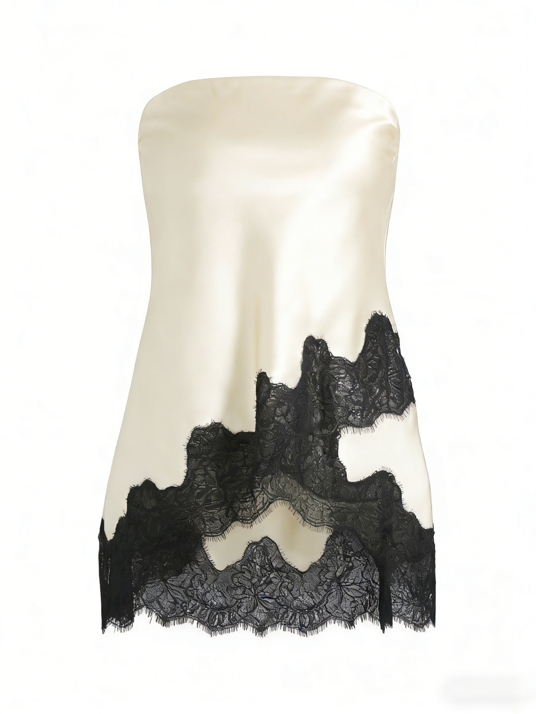 2026 Spring Summer Sophisticated Satin Strapless Top: Black Lace Wave-Edge Design, High-End Commute Piece