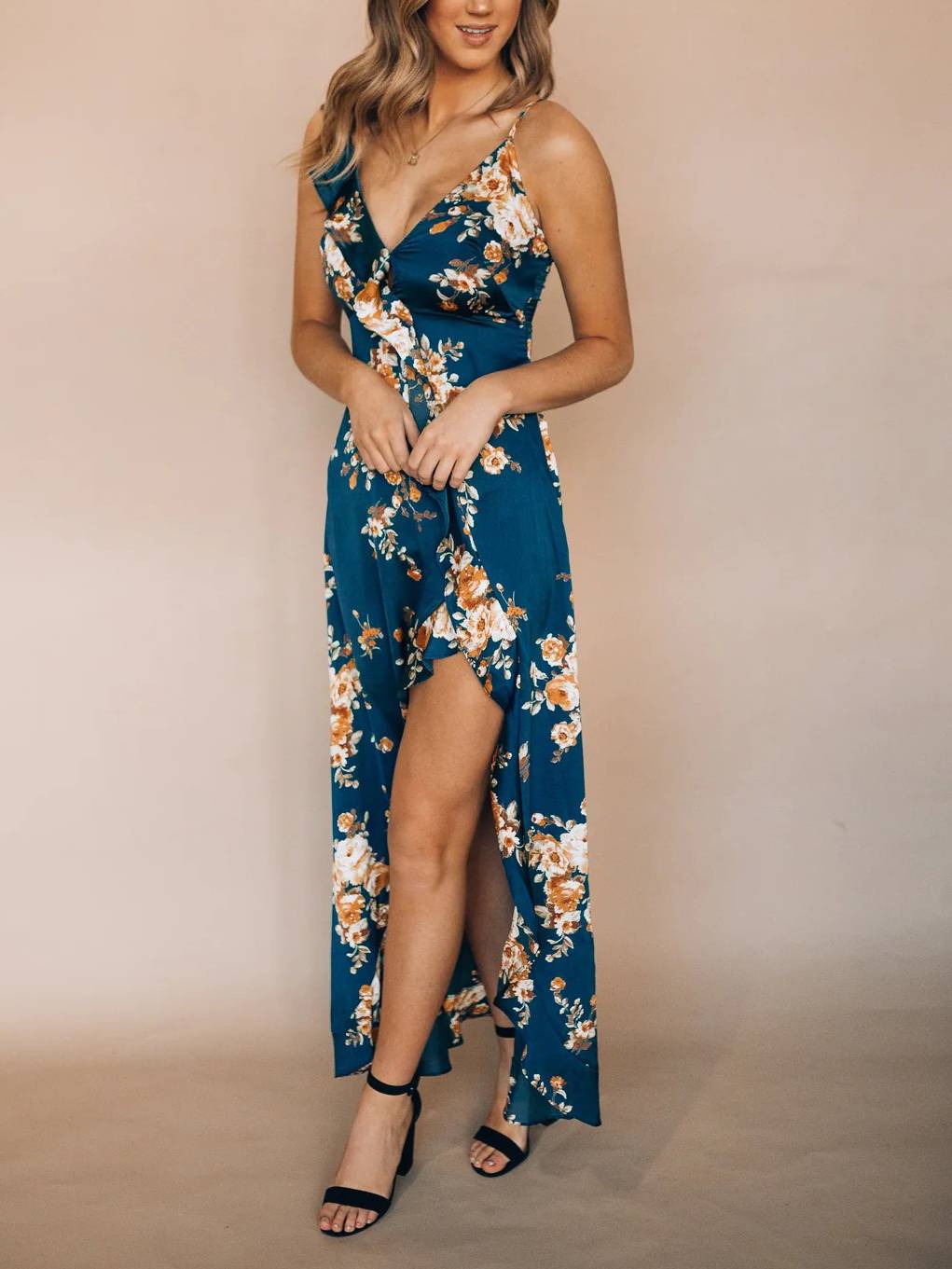 Boho Spaghetti Strap Floral Print High Slit Vacation Maxi Dress