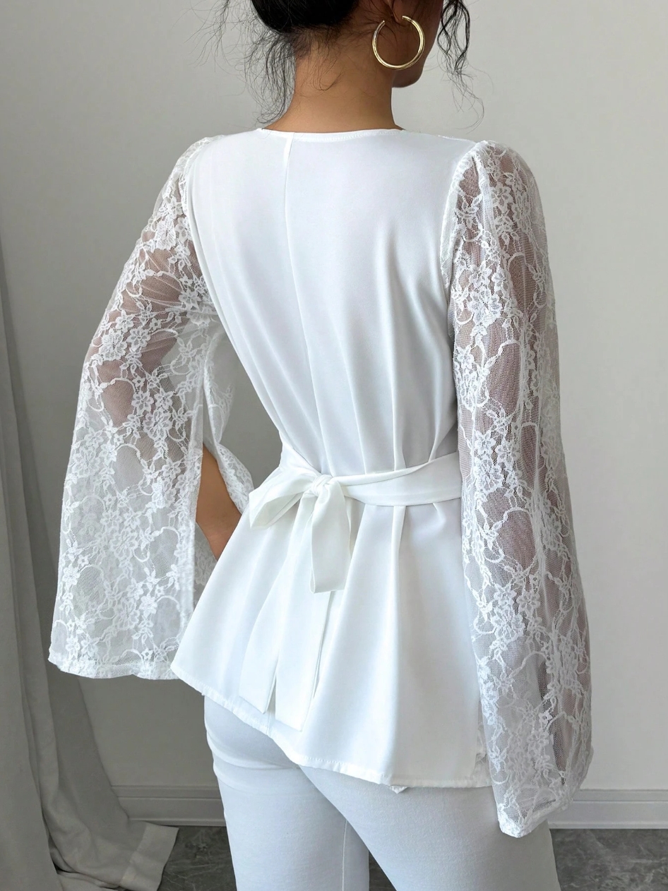 Women's White Lace Cowl Neck Bell Sleeve Peplum Top