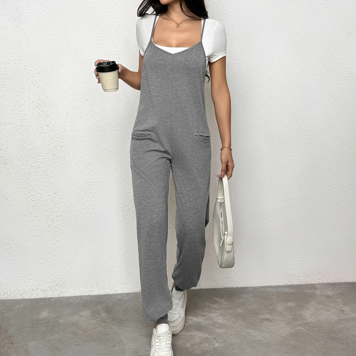 Women's Gray Strappy Pocketed Jumpsuit