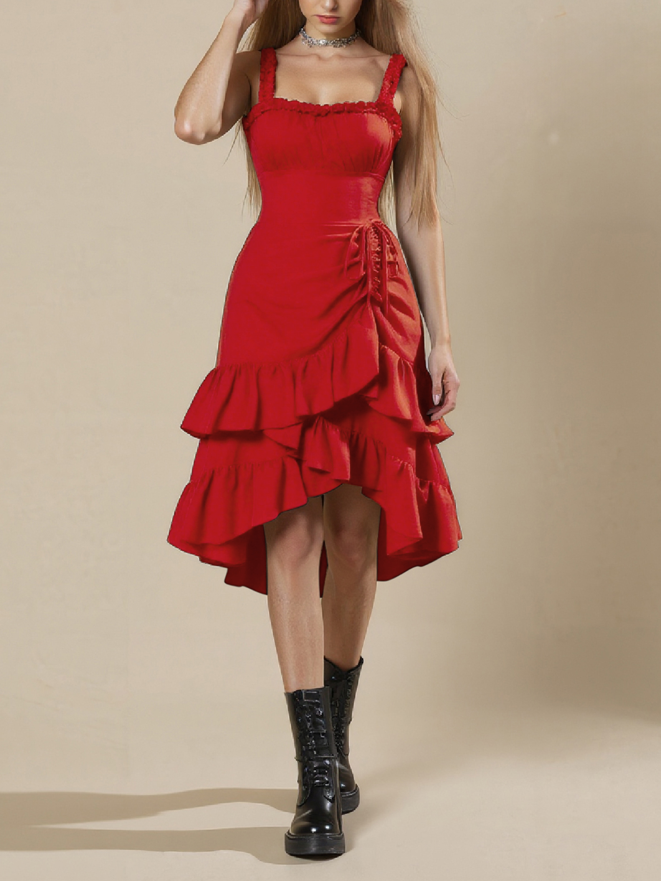 Red Ruffled High-Low Hem Cami Dress
