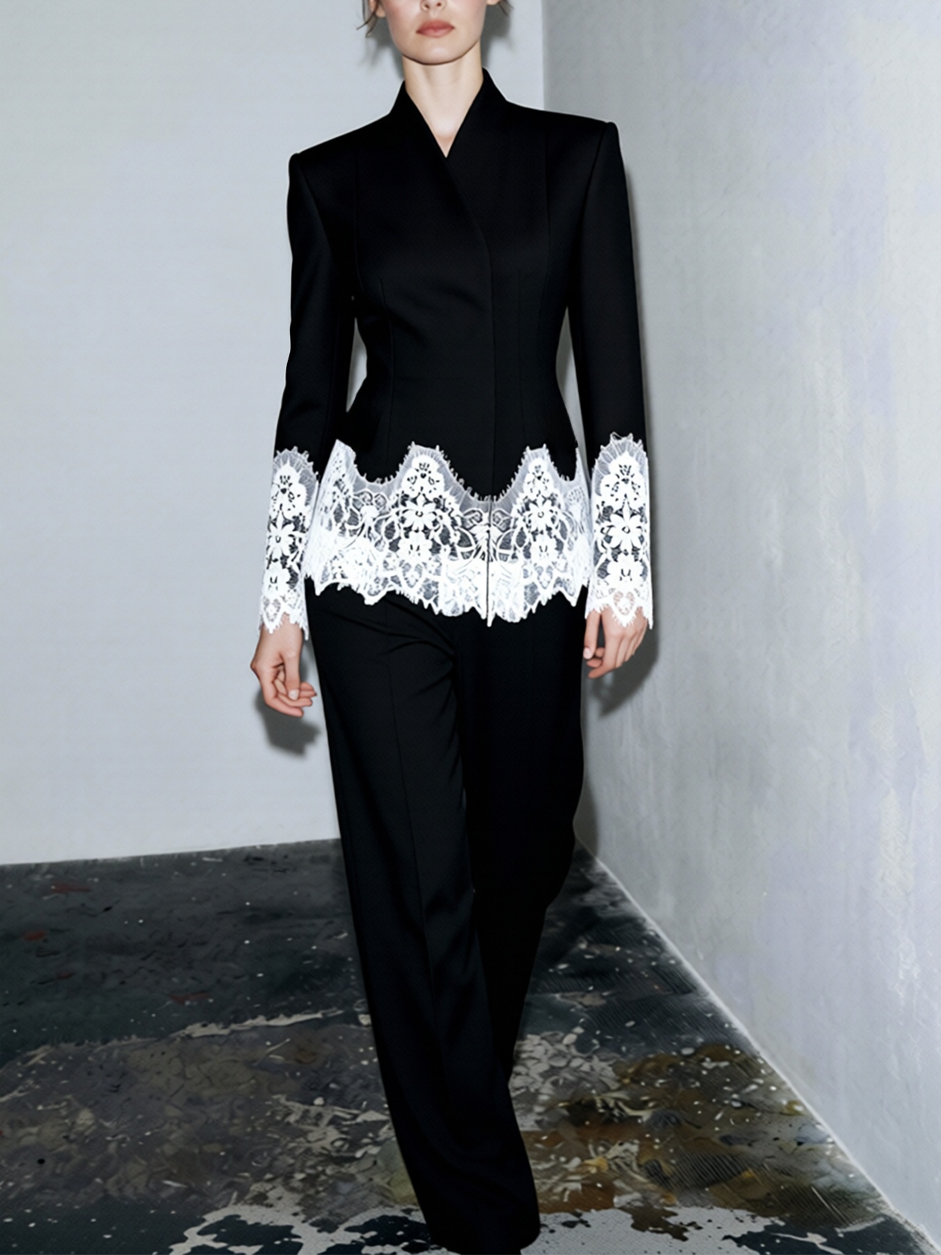 2026 Spring/Summer New Arrival: Elegant Commuter-Style Long-Sleeved Slim-Fit Stand Collar Lace-Trimmed Color-Blocked Blazer-Aetheryn