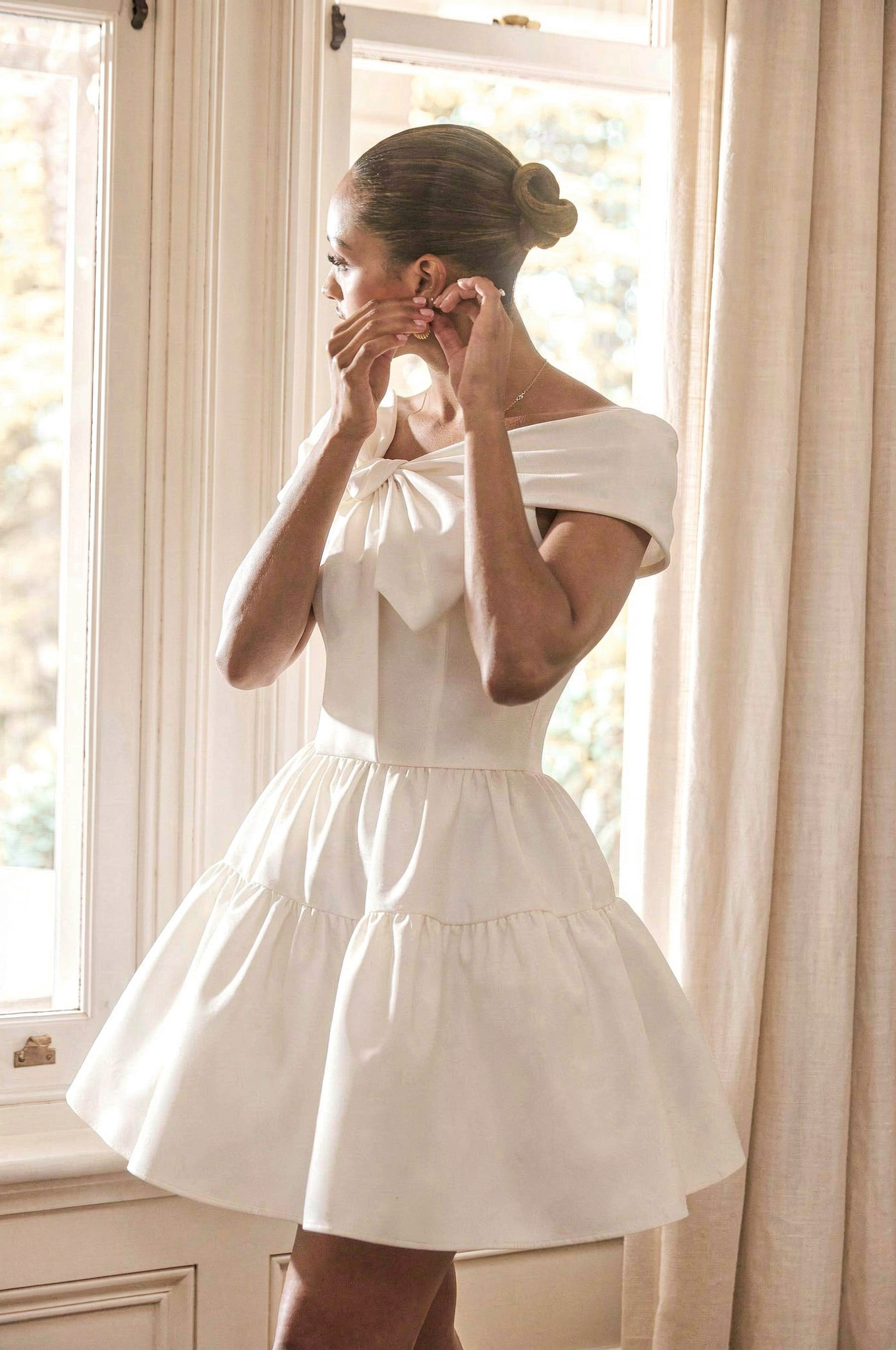 Off Shoulder Bow Tiered Mini Dress