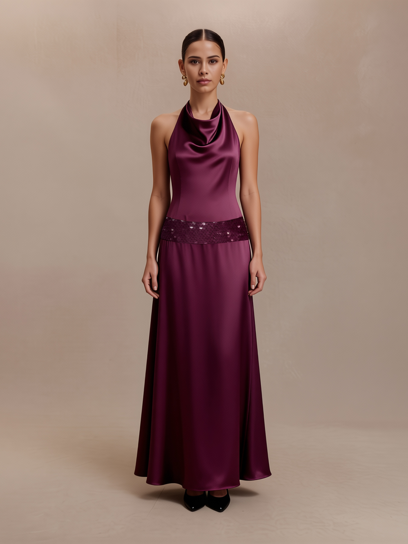 Wine red satin neck dress woman, sequin waist dress, dinner party wedding temperament elegant fishtail skirt-Aetheryn