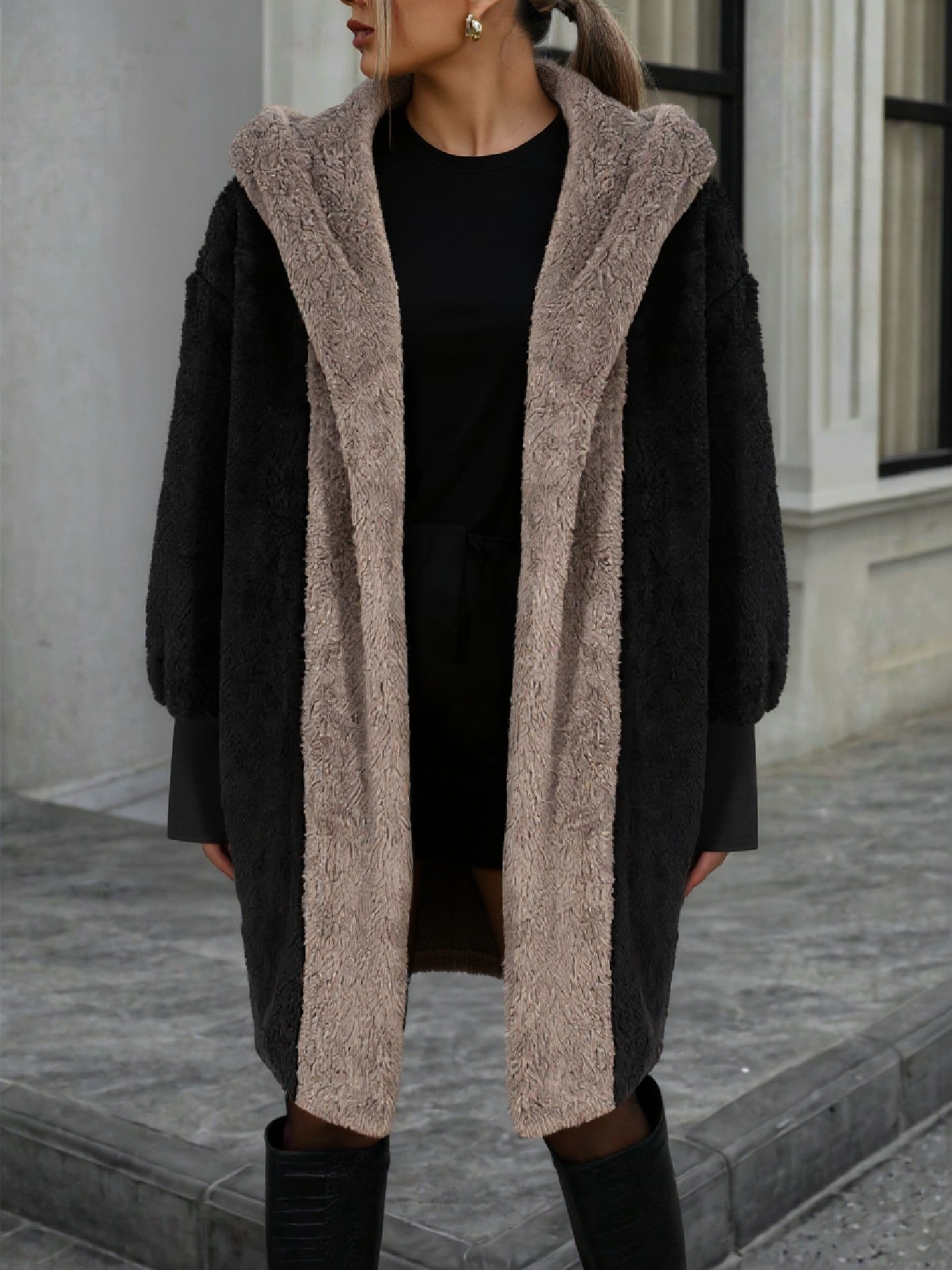 Collision-colored hooded fleece cardigan for women Loose large warm medium-length coat