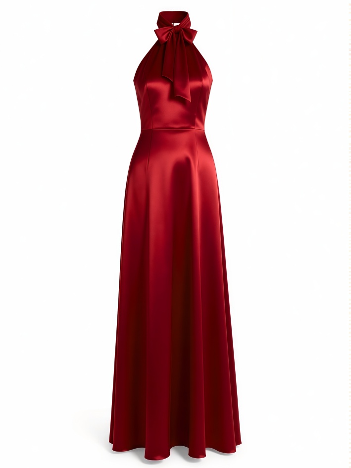 2026 Spring Summer Burgundy Satin Halter Formal Dress : Bow Tie Backless Maxi Sexy Dress