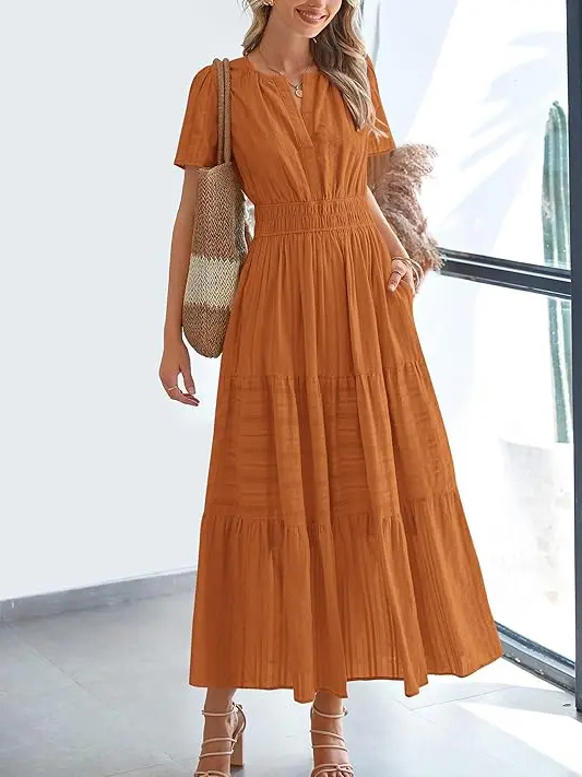Casual V Neck Boho Midi Dress with Pockets