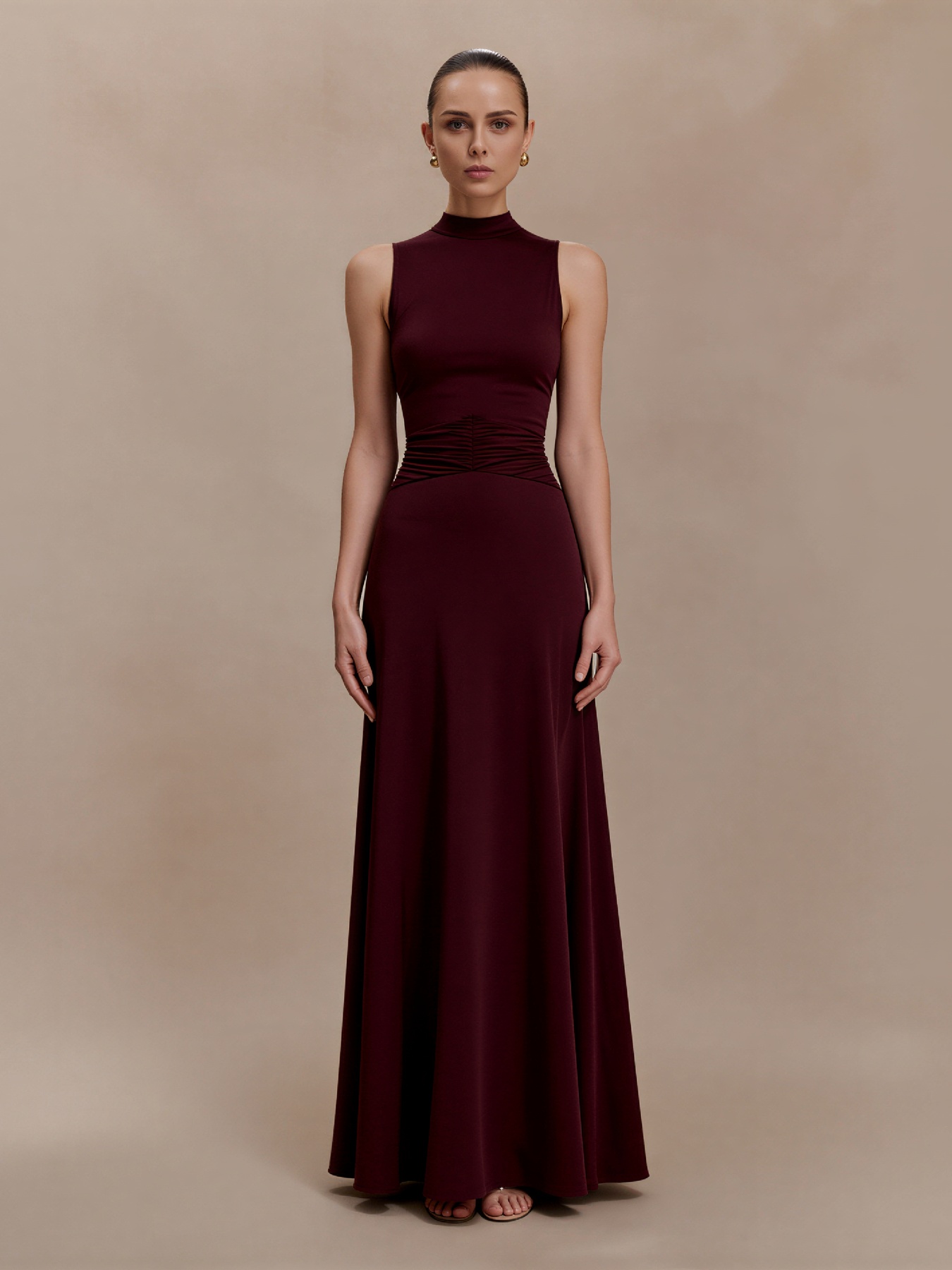 2026 Spring Summer Elegant Wine Red Evening Gown - Open Back & Halter Neck with Gathered Waist