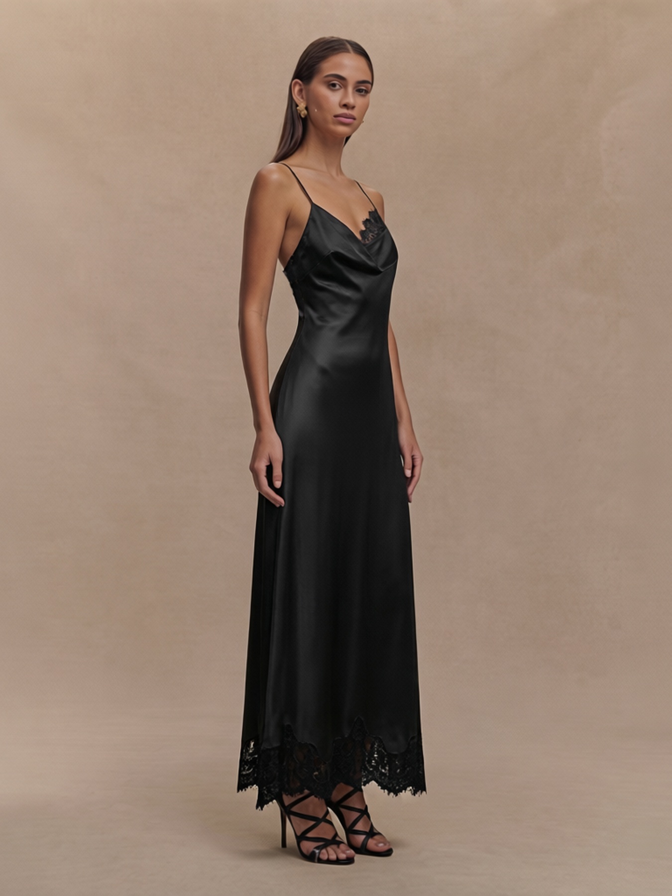 2026 Spring Summer Lace Paneled Satin Slip Dress : Draped Neck Backless Maxi Sexy Dress