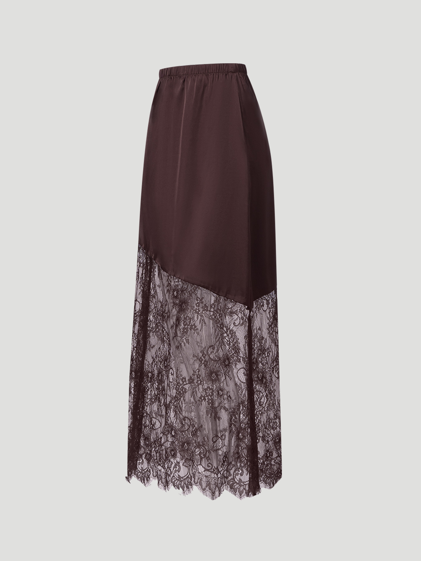 Falda corta de encaje de satén marrón oscuro Falda larga de cintura alta y falda irregular Falda de encaje A para cenas y citas