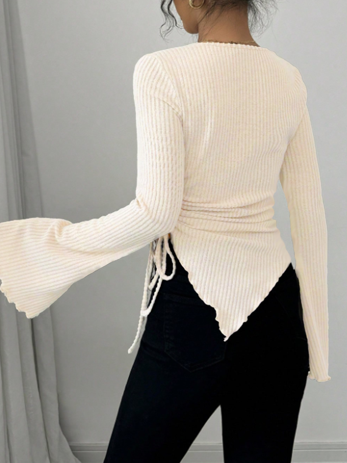 Y2K Cream Ribbed Cowl Neck Side Tie Asymmetrical Hem Top