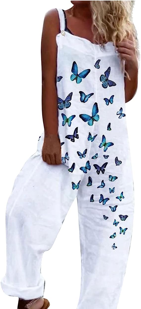 Women's White Sleeveless Jumpsuit with Blue Butterfly Print