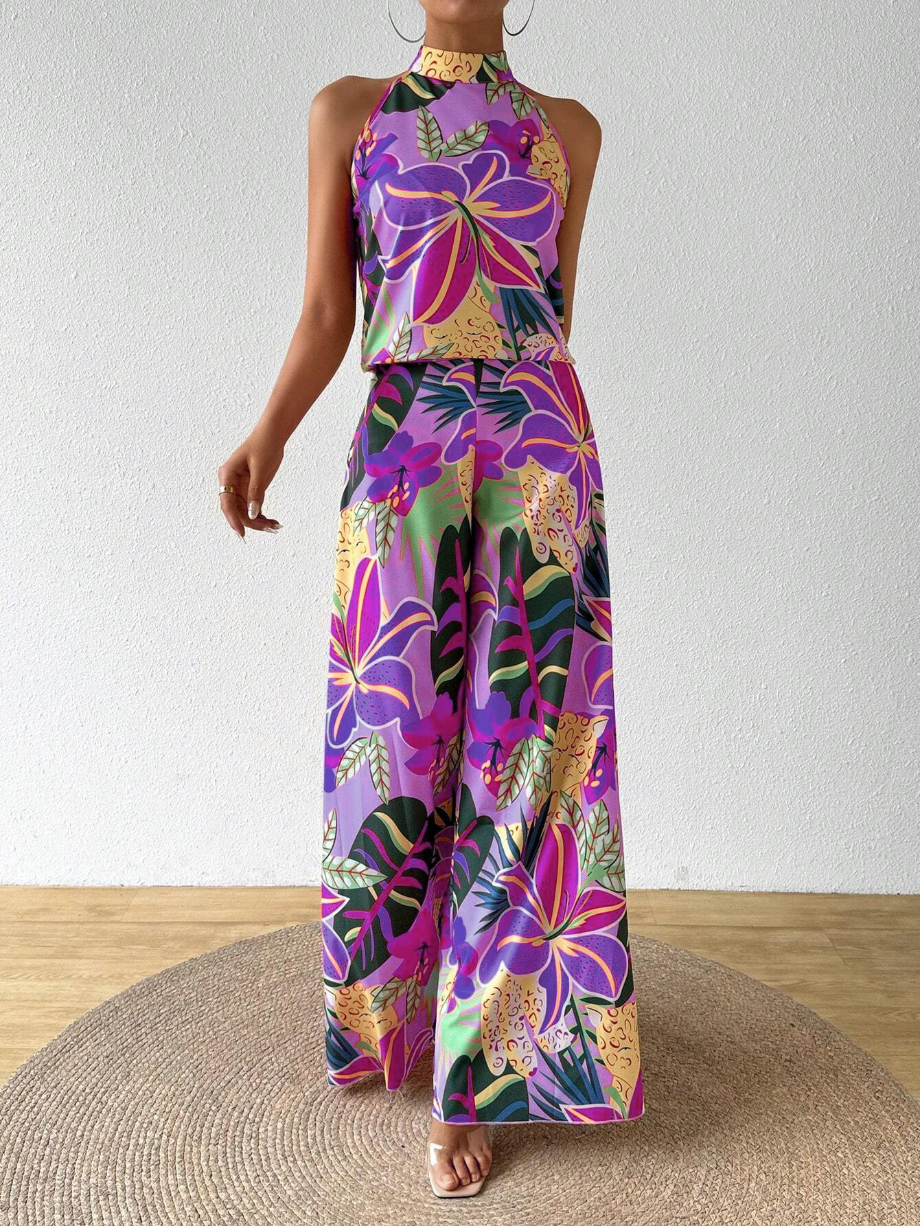 Holiday Flower Neckholder Top & Wide Legs Two-Piece Set