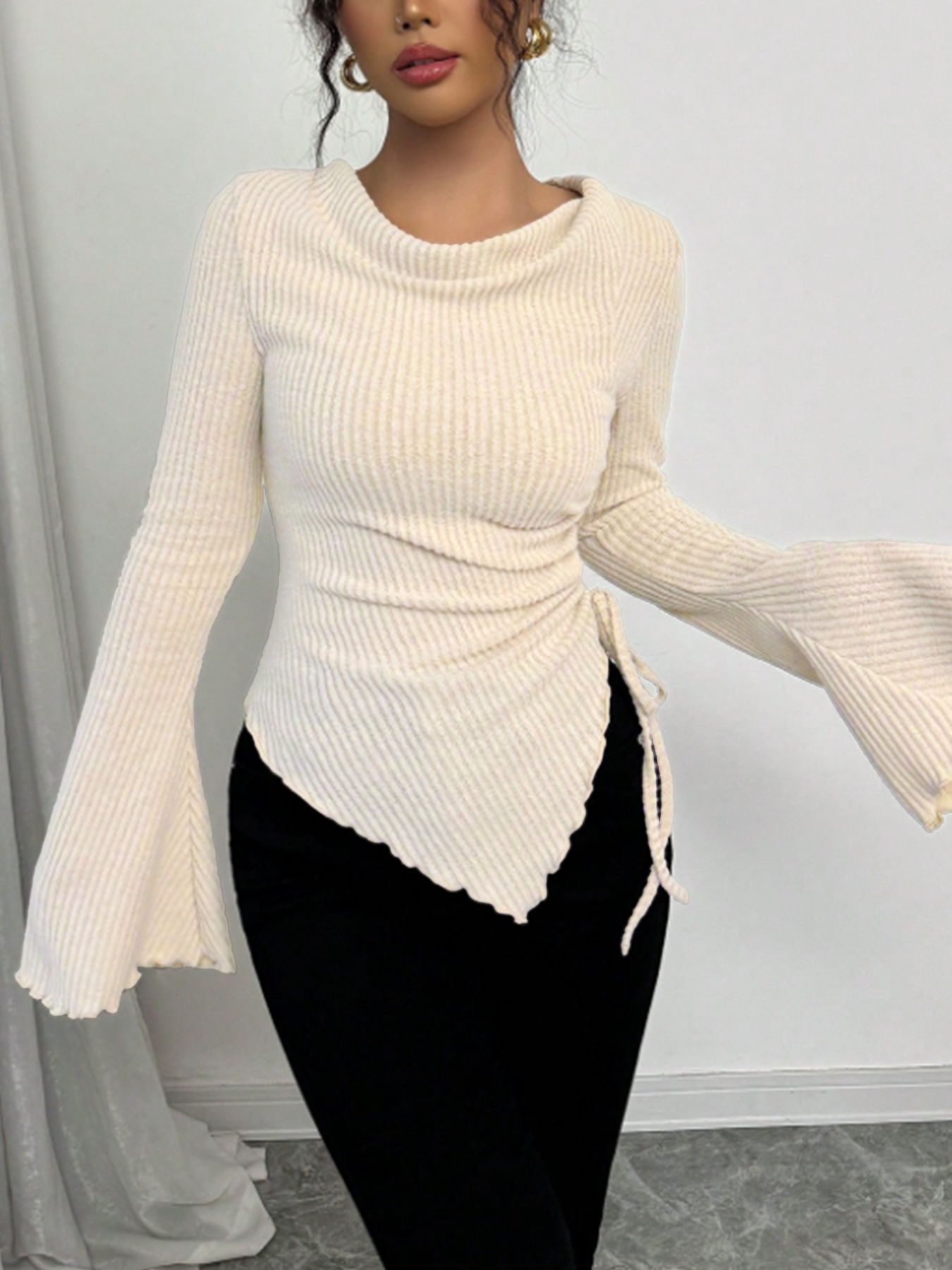 Y2K Cream Ribbed Cowl Neck Side Tie Asymmetrical Hem Top