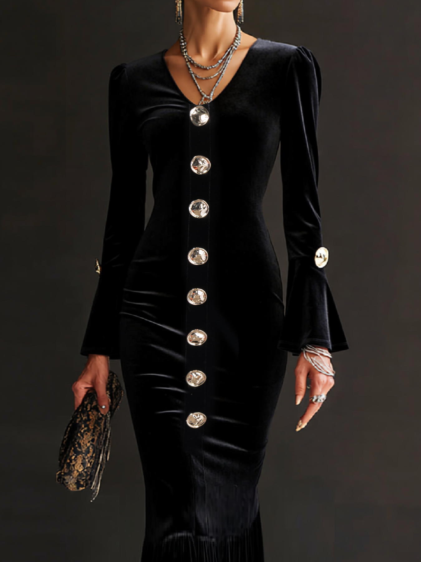 Woman‘s Black Velvet V-Neck Bell Sleeve Button-Embellished Mermaid Maxi Dress