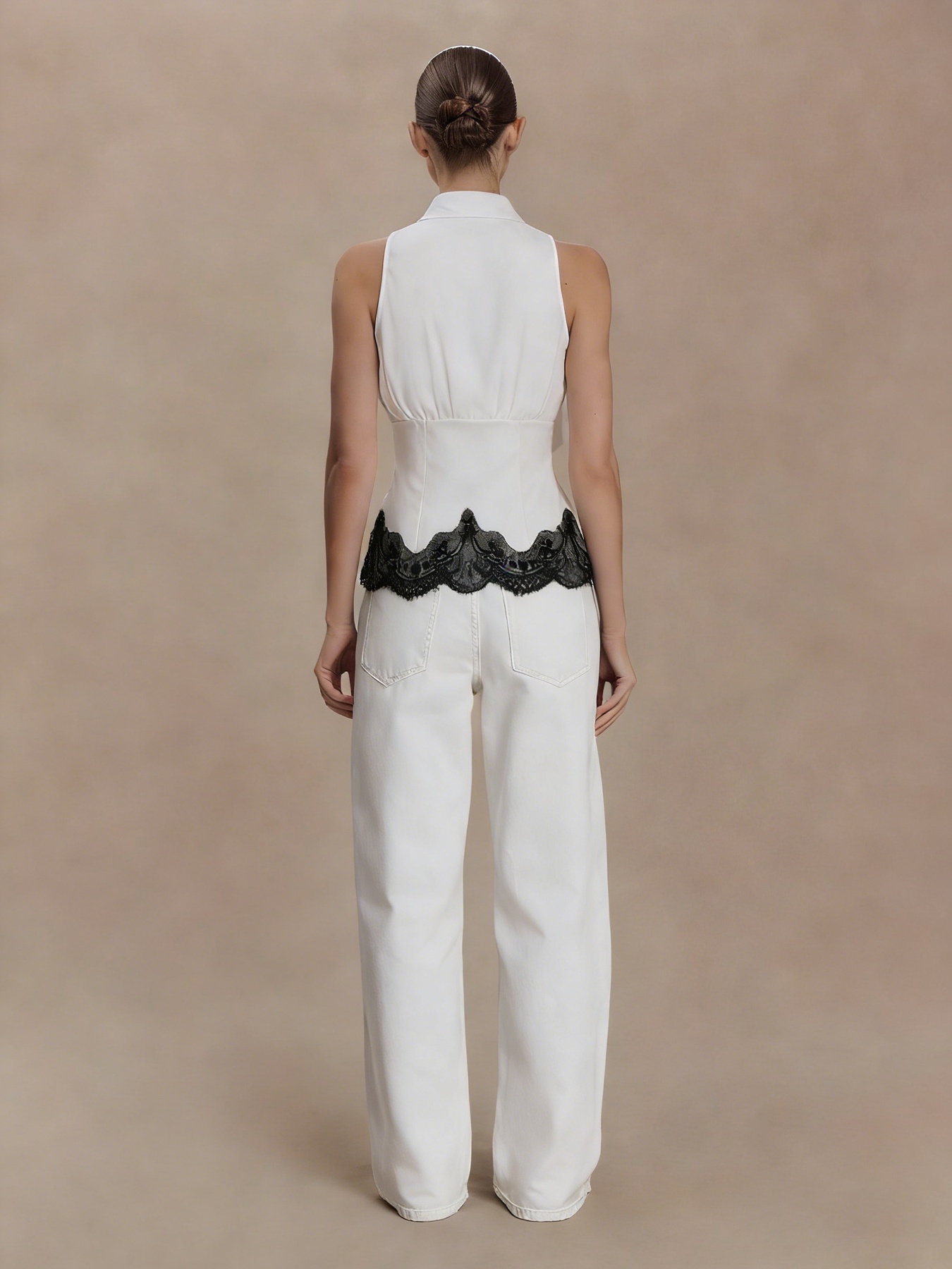 Women's Elegant Sleeveless High Neck Bow Detail Ruched Lace Trim Blouse