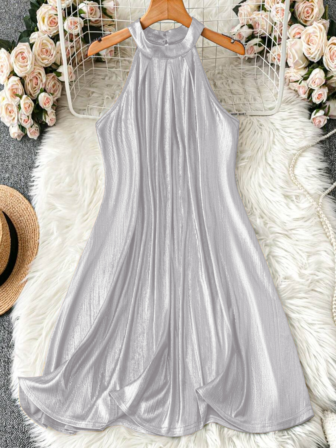 Metallic High Neck Halter Sleeveless Mini Dress