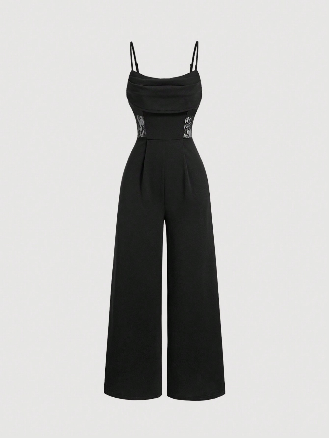 Women's Black Cowl Neck Lace-Insert Wide-Leg Jumpsuit