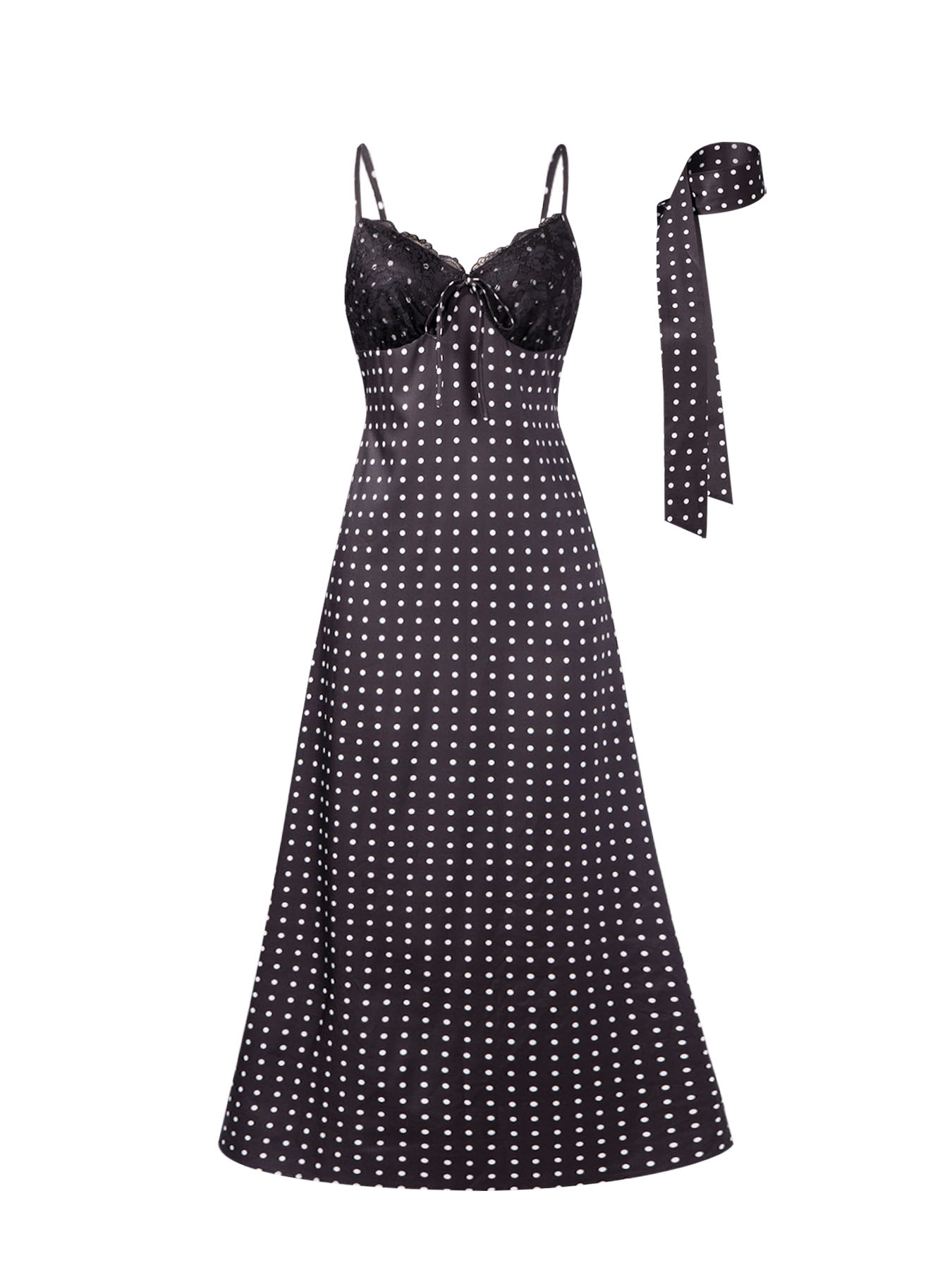 Woman's Polka Dot Lace Cami Maxi Dress with Neck Tie