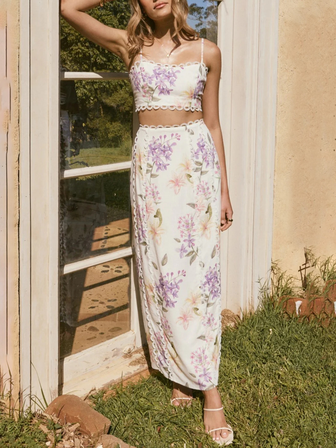 Faux Linen Boho Floral Lace Trim Two Piece Set