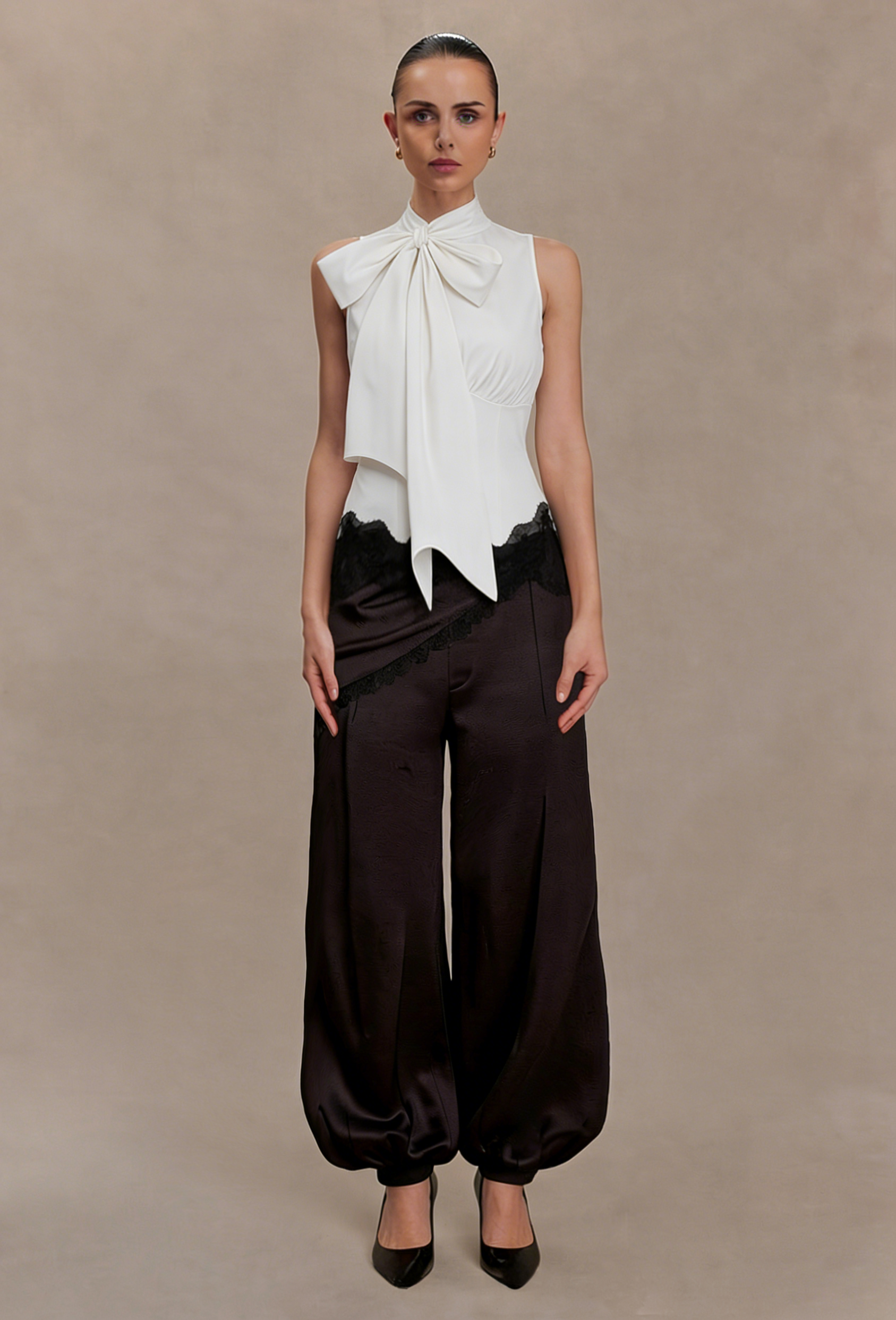 Wrap Waist Lace Trim Satin High Waisted Balloon Pants