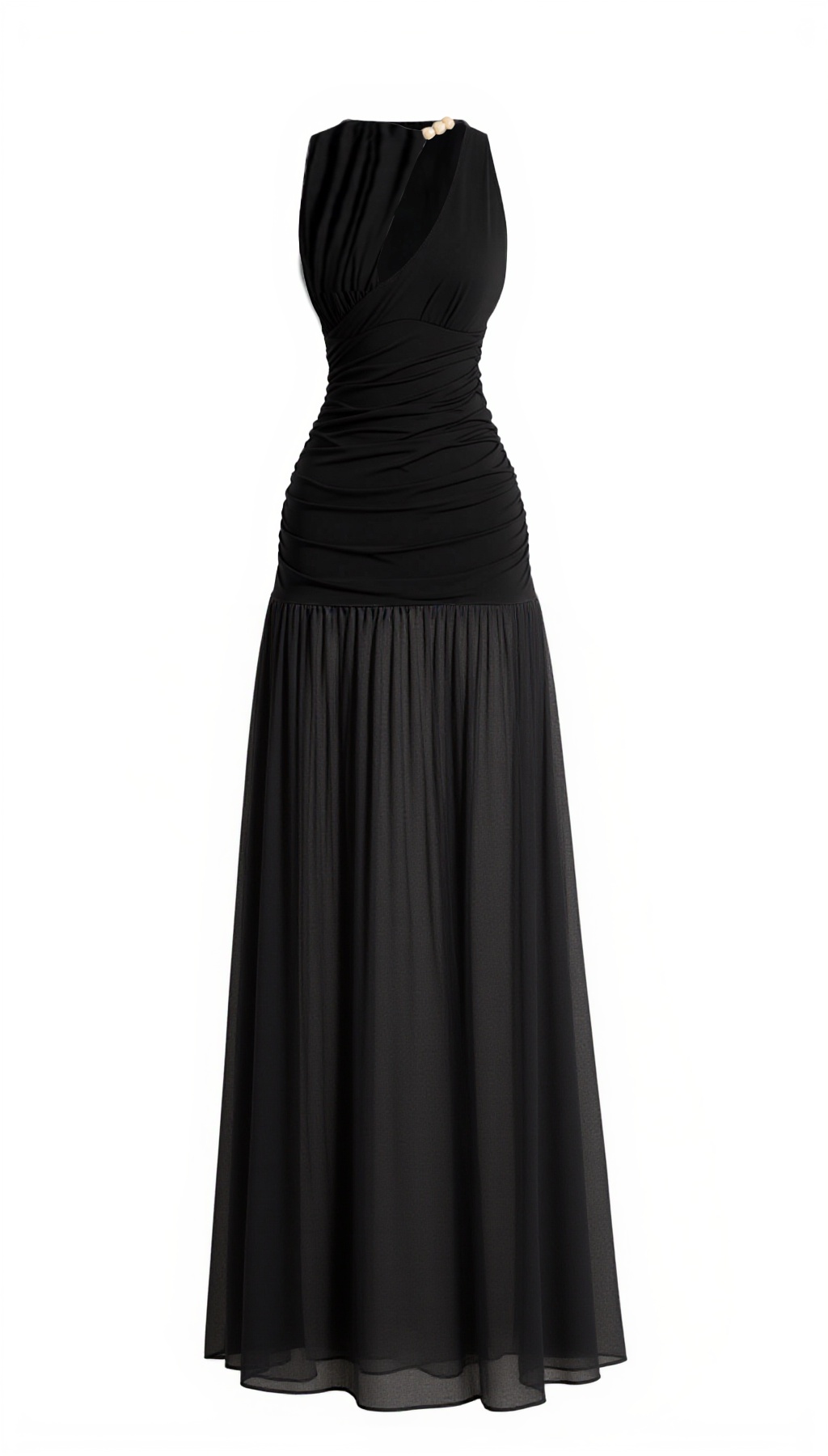 2026 Spring Summer Elegant Black Evening Gown - Sheer Mesh Panels & Gathered Halter Neck Maxi Dress