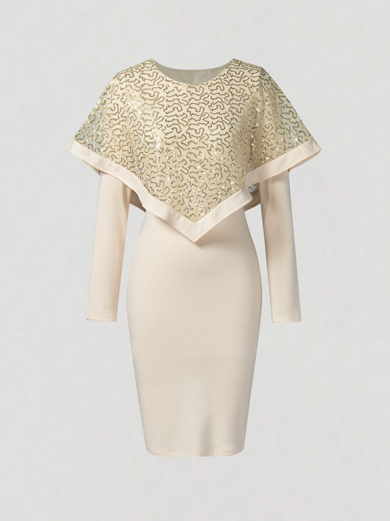 Woman's Beige Sequin Cape-Overlay Long Sleeve Bodycon Midi Dress