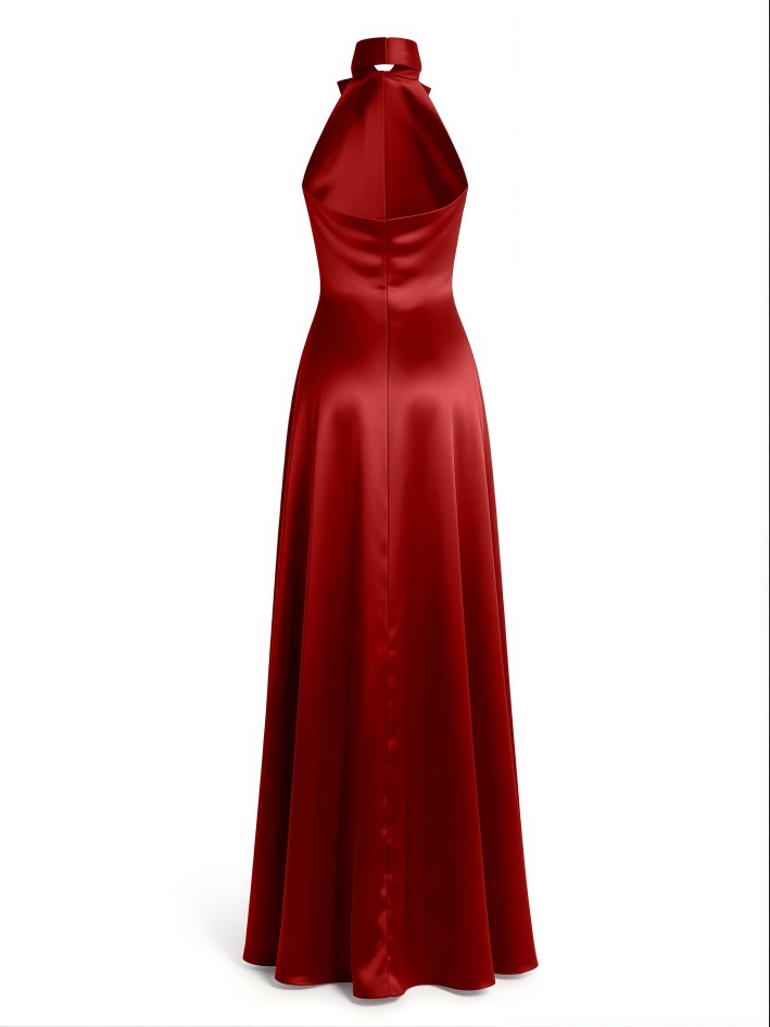 2026 Spring Summer Burgundy Satin Halter Formal Dress : Bow Tie Backless Maxi Sexy Dress