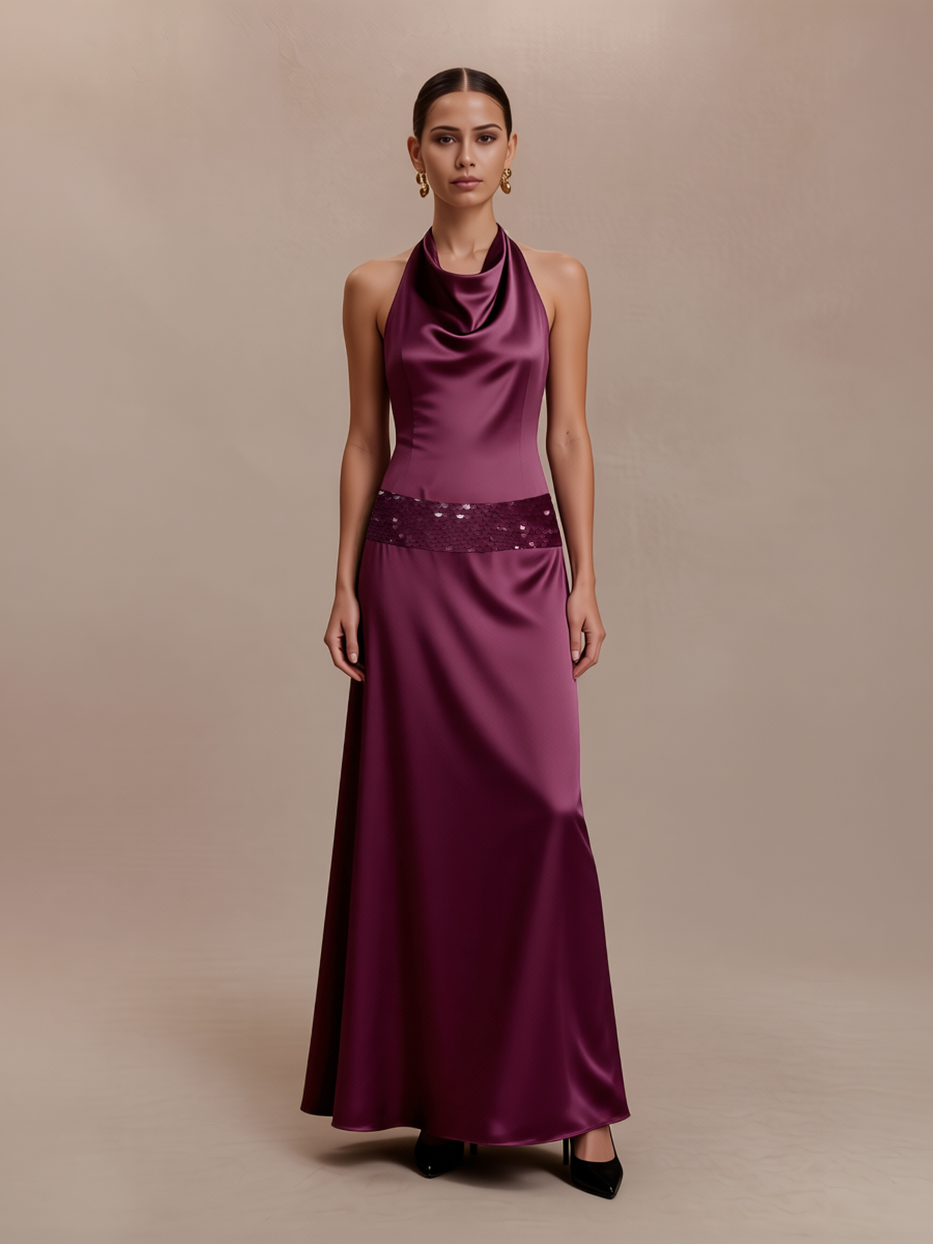 Wine red satin neck dress woman, sequin waist dress, dinner party wedding temperament elegant fishtail skirt-Aetheryn