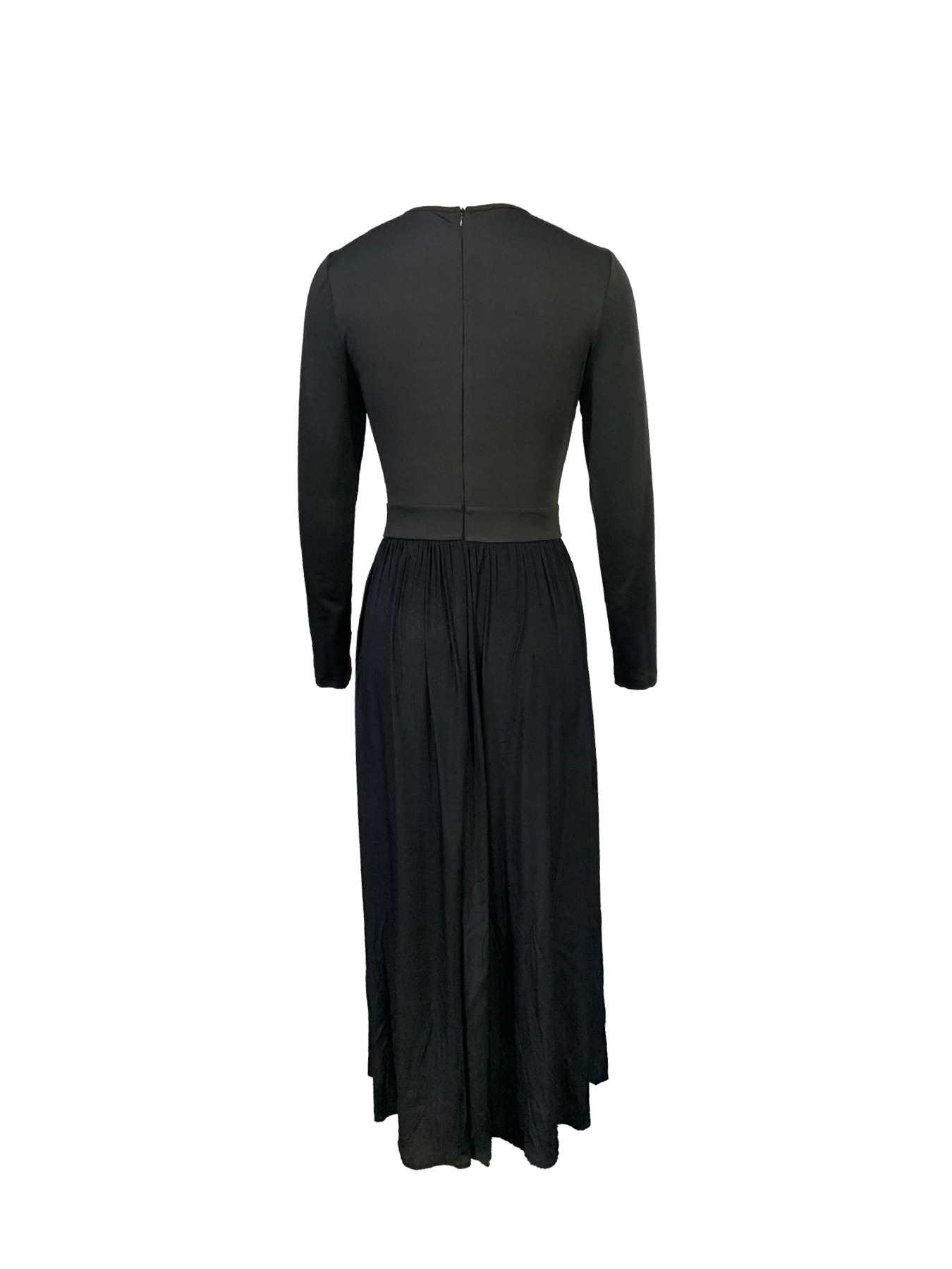 Women's Black Deep V-Neck 3/4 Sleeve Jumpsuit with Chain Belt and Chiffon Overlay