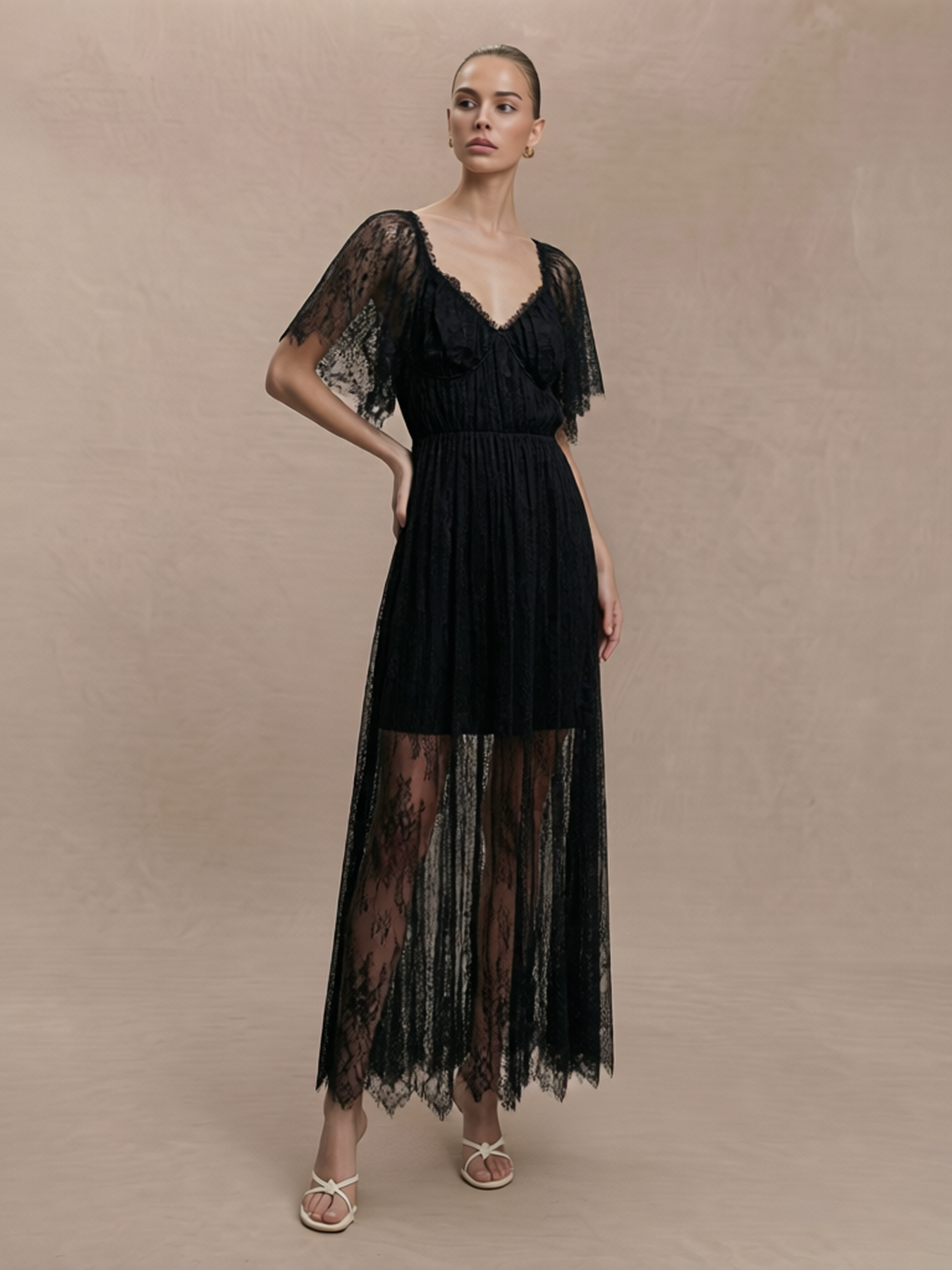 Women's Glamorous Lace Overlay Maxi Dress with Flutter Sleeves for Formal Events