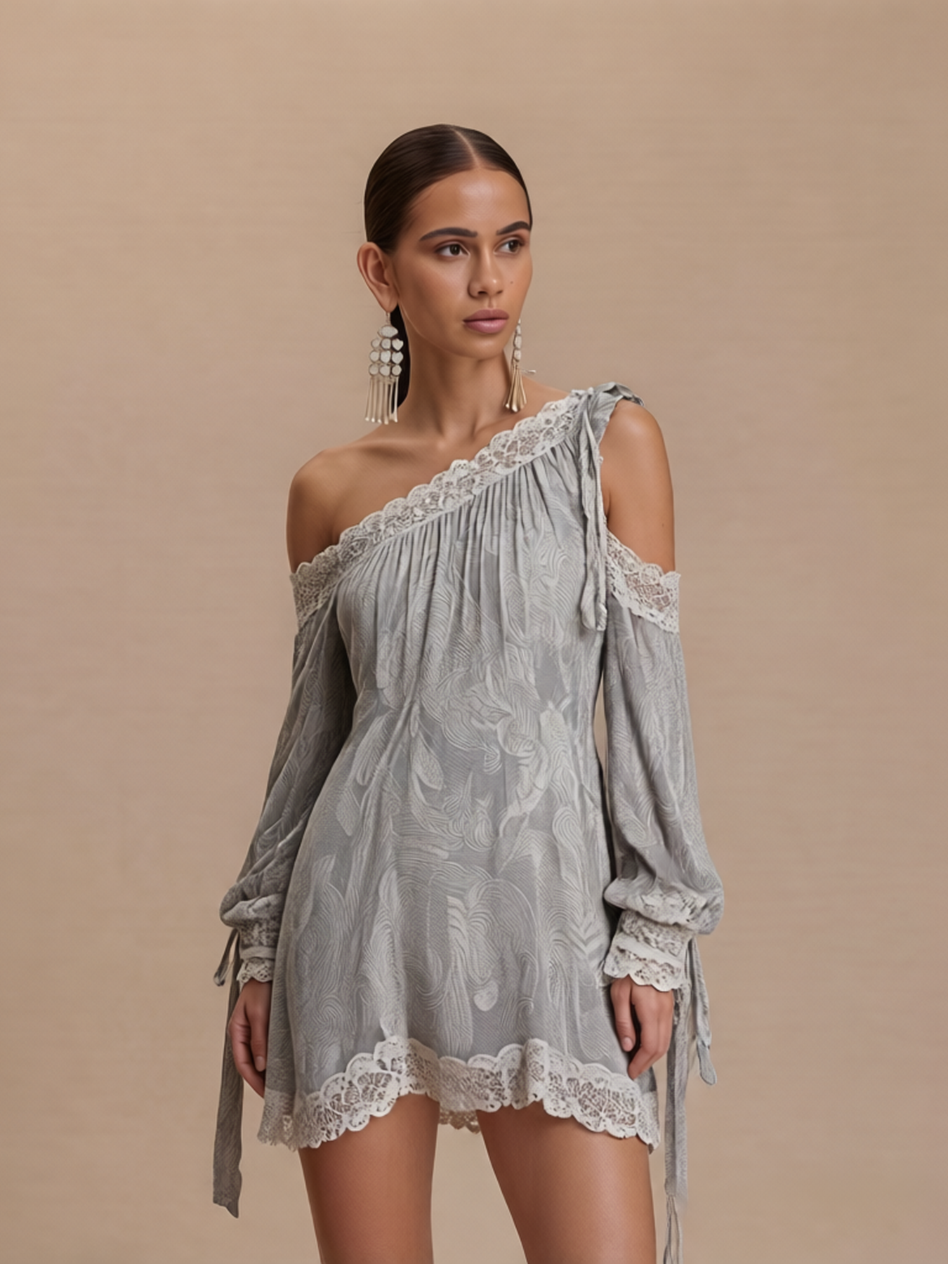 One Shoulder Lace Trim Mini Dress