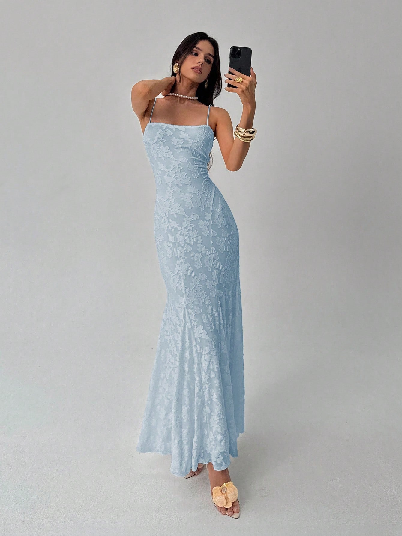 Light Blue Jacquard strap dress, slim fish tail dress, engagement dinner party temperament elegant dress-Aetheryn