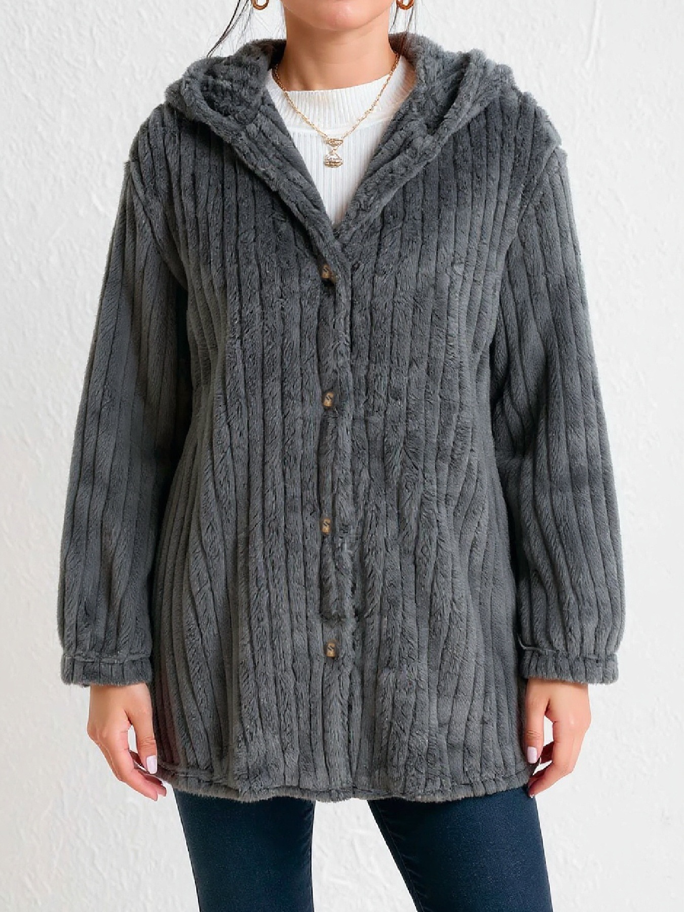 Dark gray pinstripe fur coat Women‘s hooded single-breasted long coat