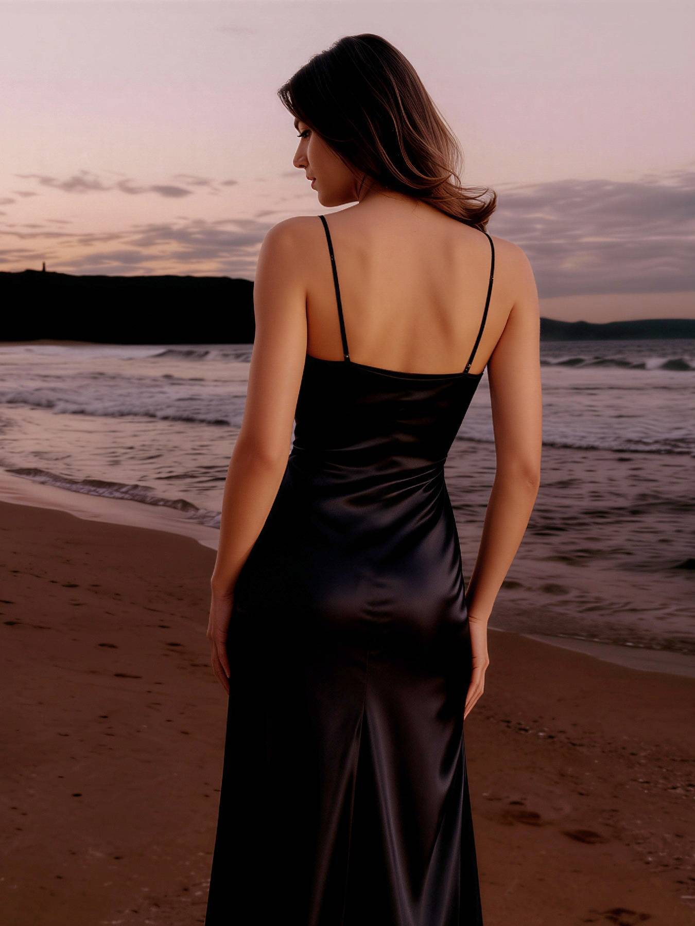 2026 Spring Summer Black Satin Slit Evening Gown - Sexy Lace Splicing Strappy Maxi Dress