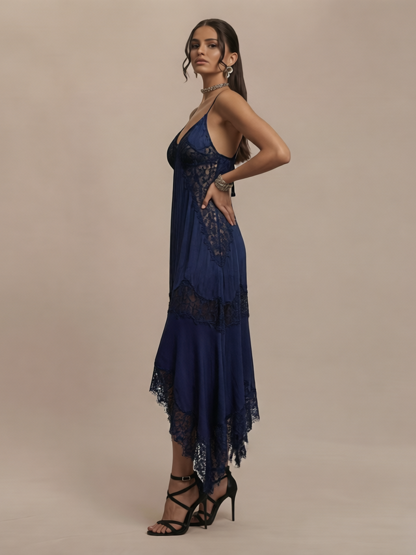 Relaxed Vacation Style Lace Panel Spaghetti Strap Dress Asymmetrical Hem 