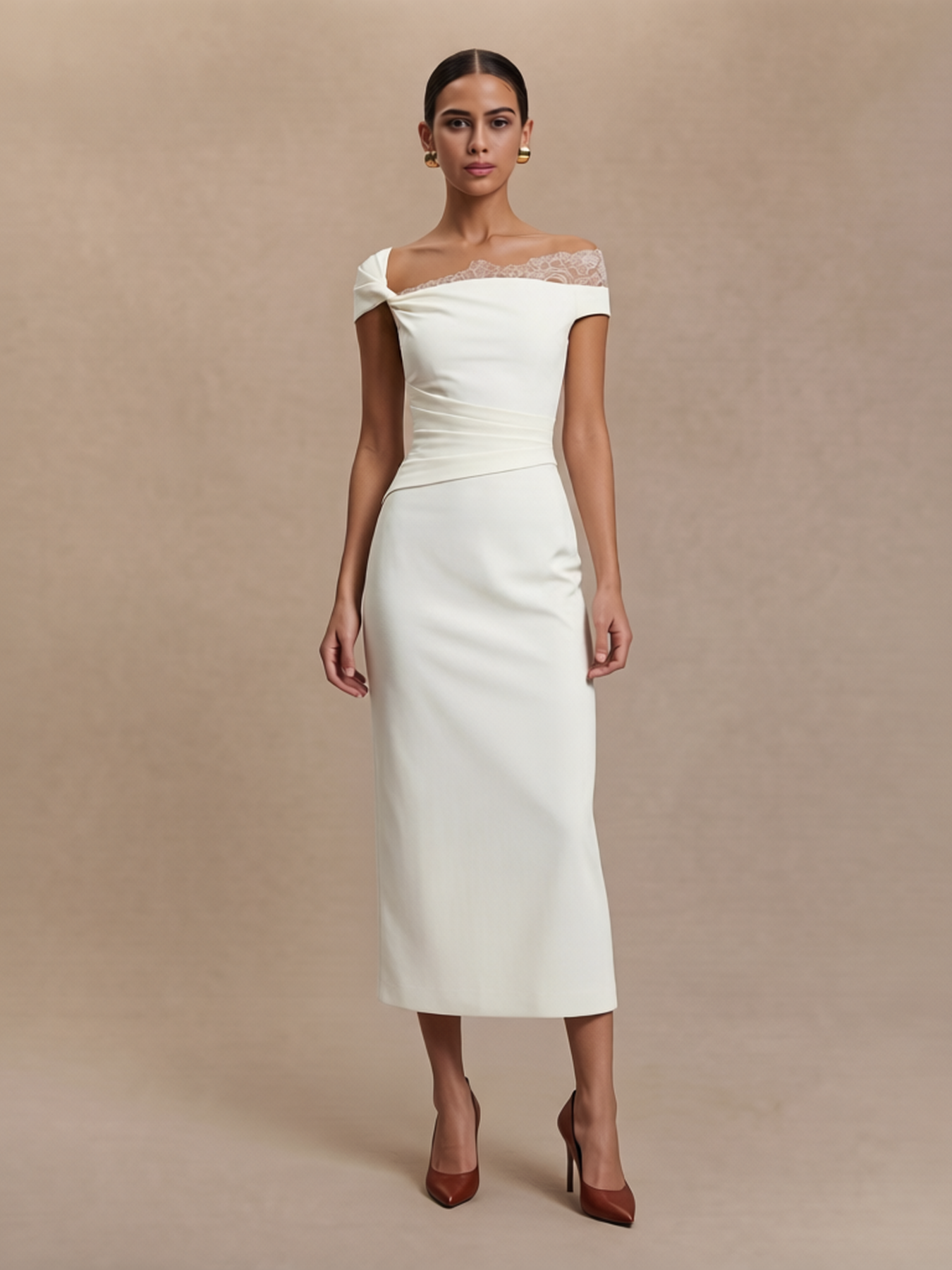 Asymmetric Off Shoulder Lace Trim Midi Dress