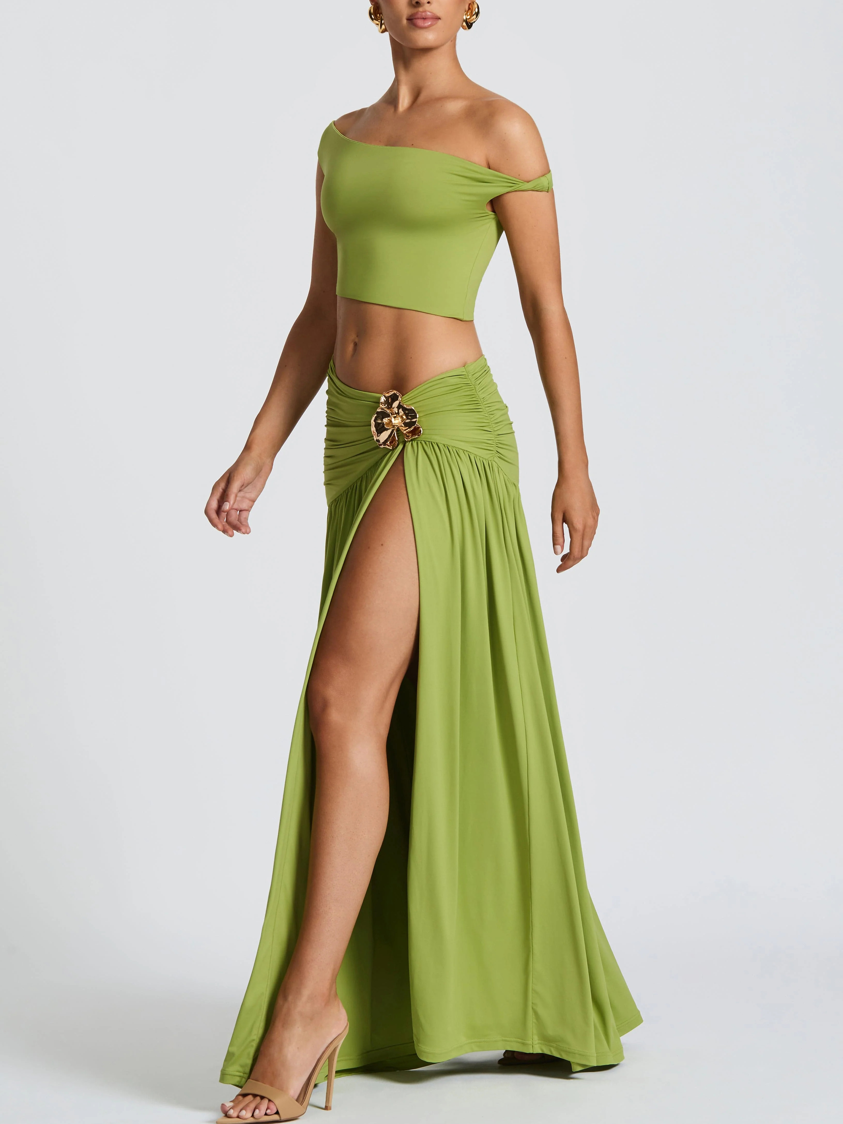 Boho Off-the-Shoulder Crop Top & Maxi Skirt Two Piece Set
