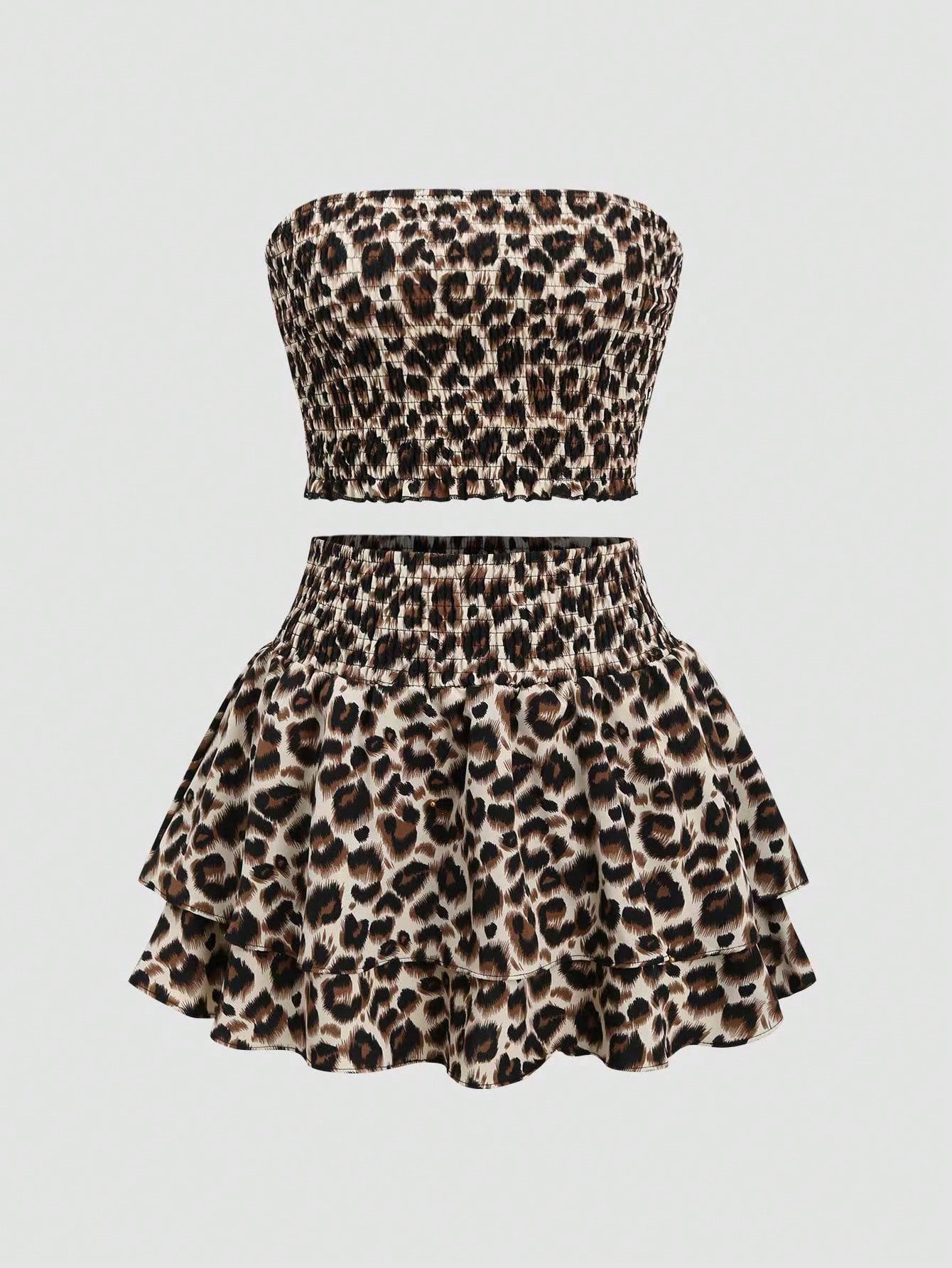Women's Leopard Print Smocked Tube Top and Tiered Mini Skirt Set